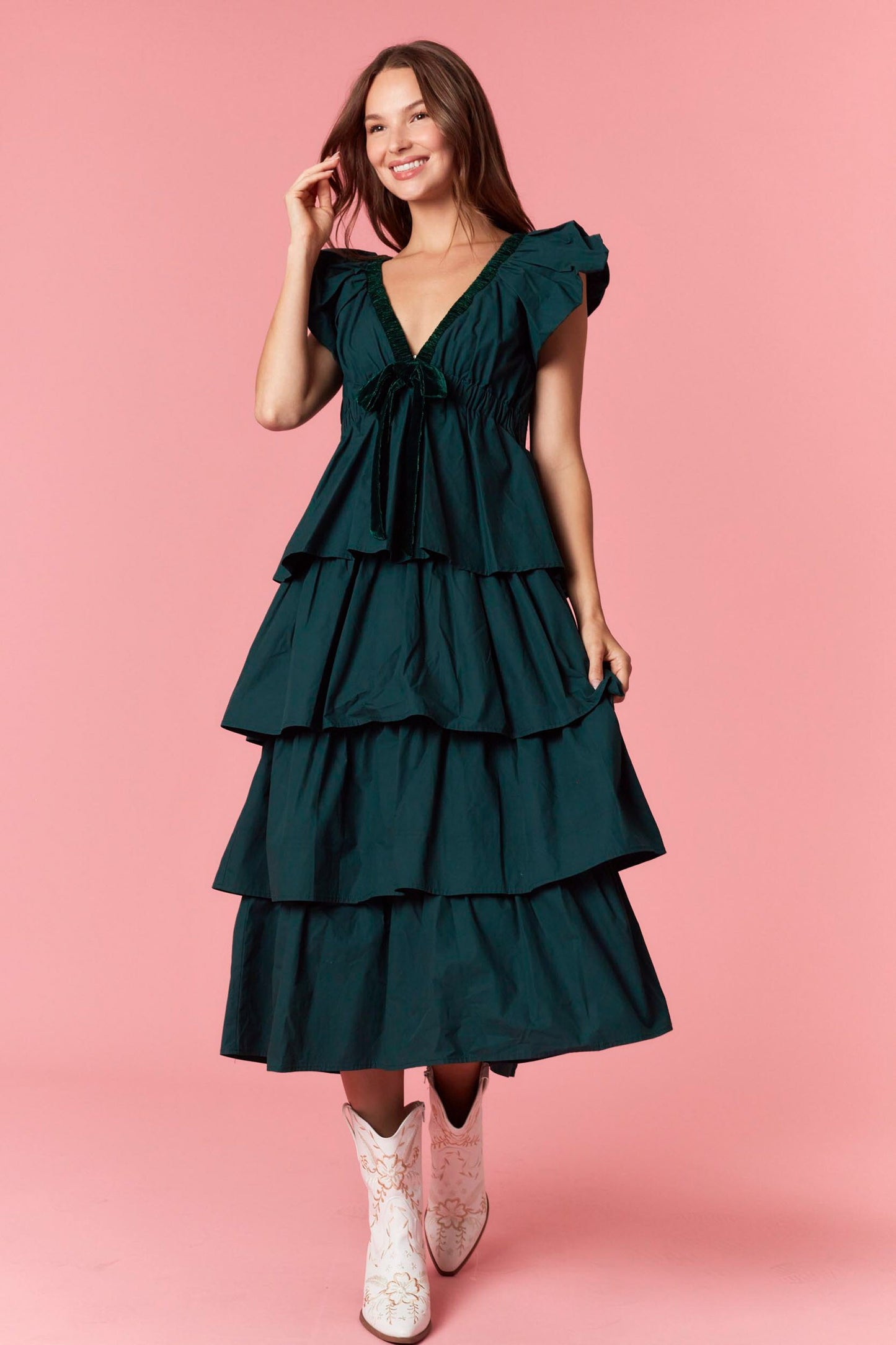 Velvet V Neck/Bow Ruffled Midi Dress
