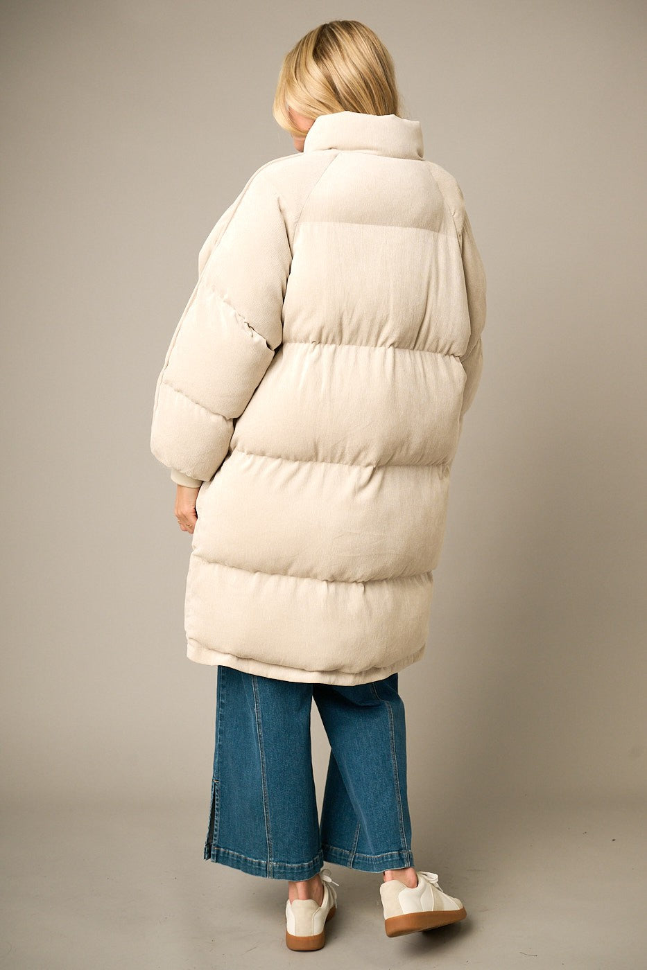 Corduroy Long Zip Up Puffer Jacket