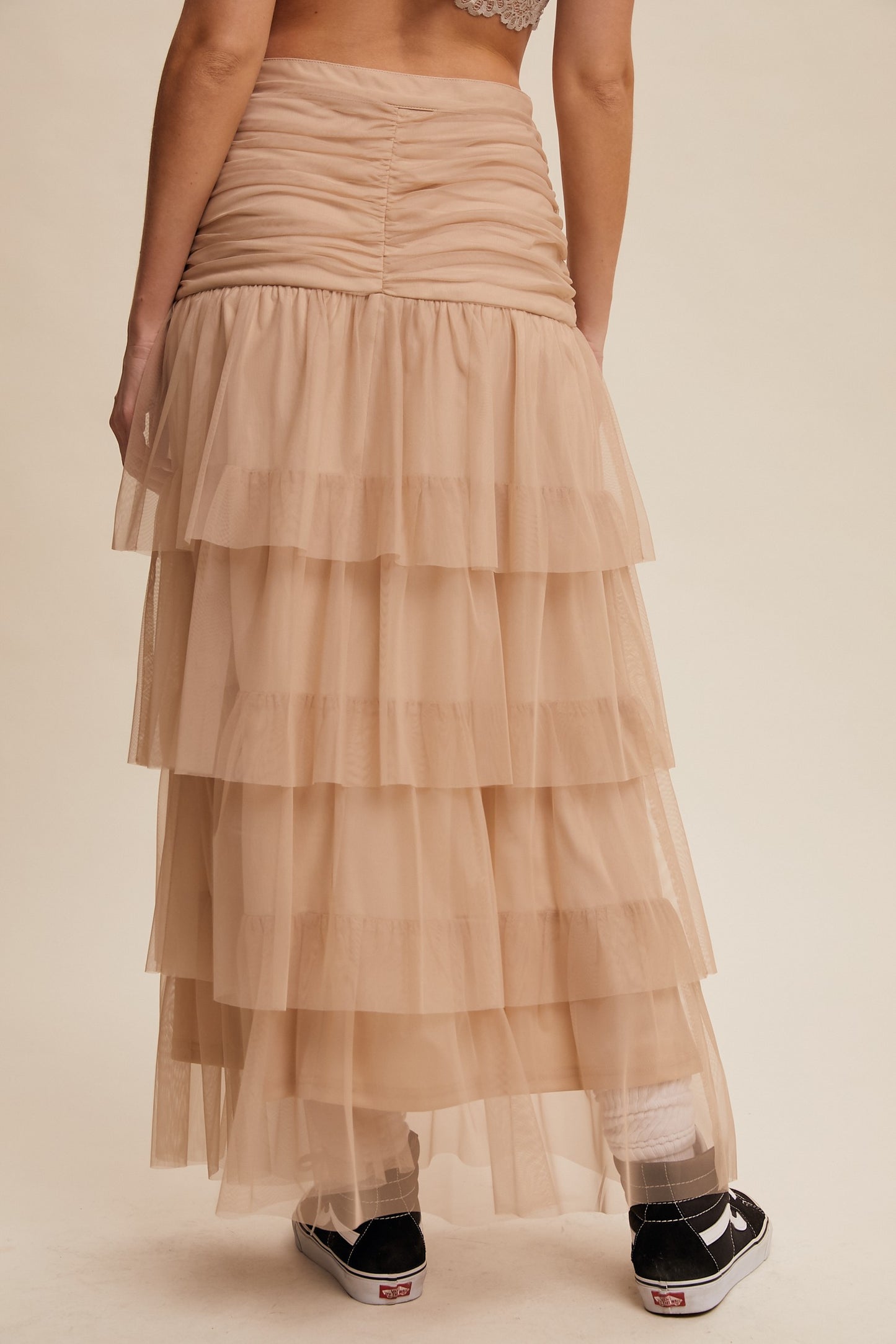 Cinched Tiered Romantic Mesh Skirt