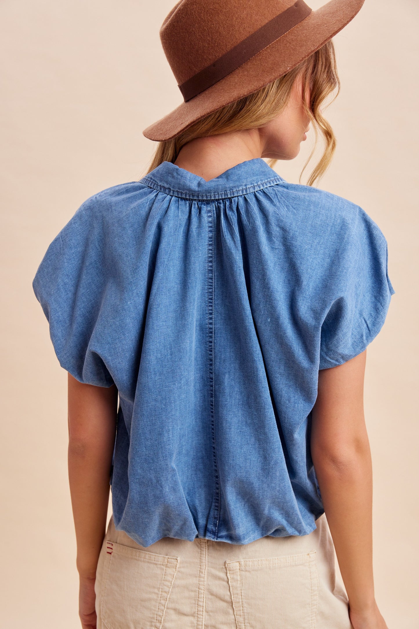 Lightweight Denim Bubble Hem Blouse