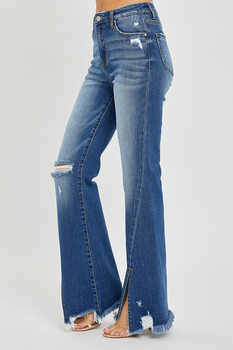 Front Slit Frayed Flare Jeans