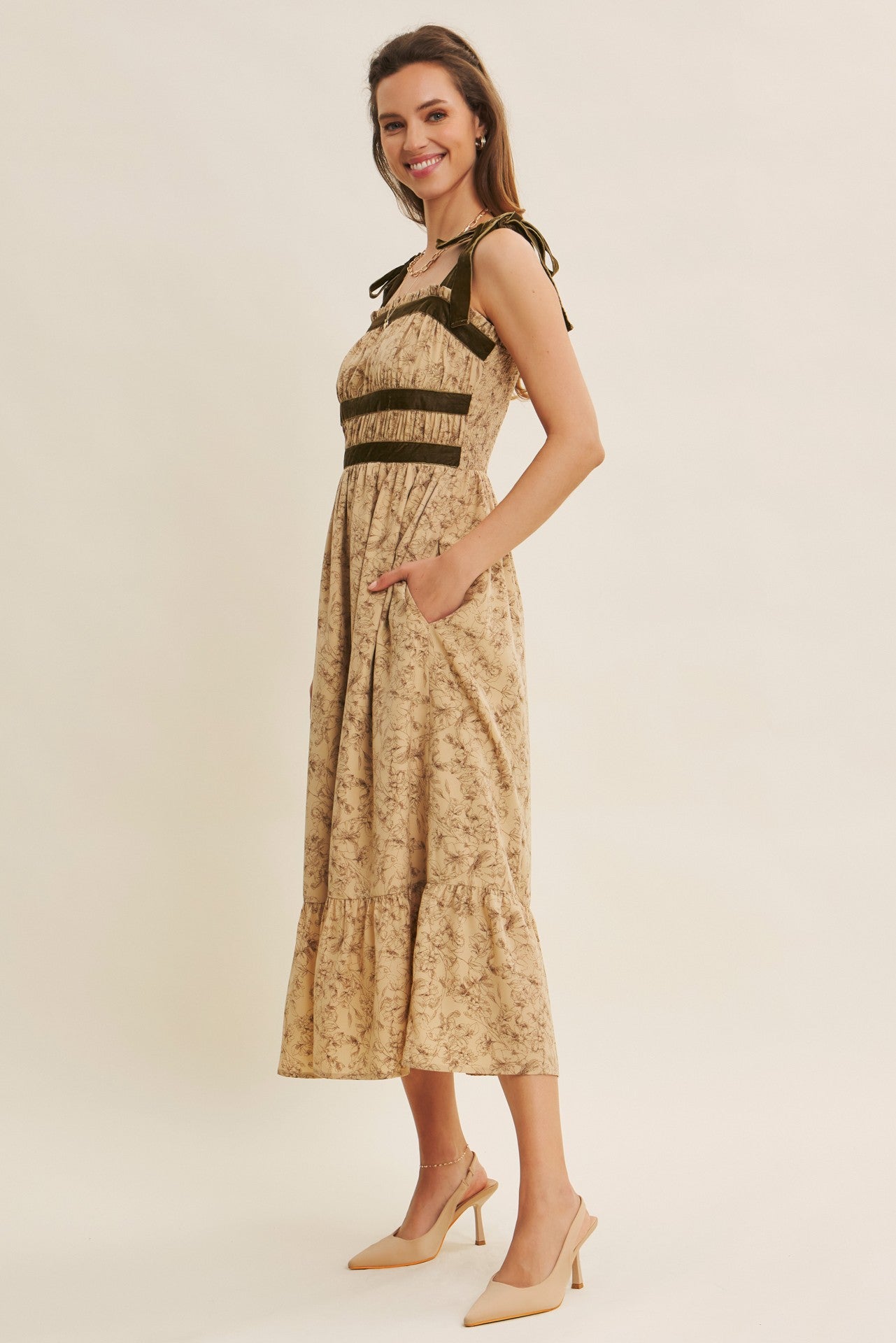 Romantic Velvet Tied Floral Smocked Midi Dress