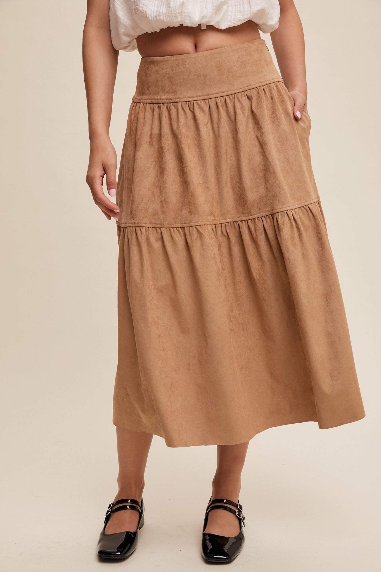 Stretch Faux Suede Midi Skirt
