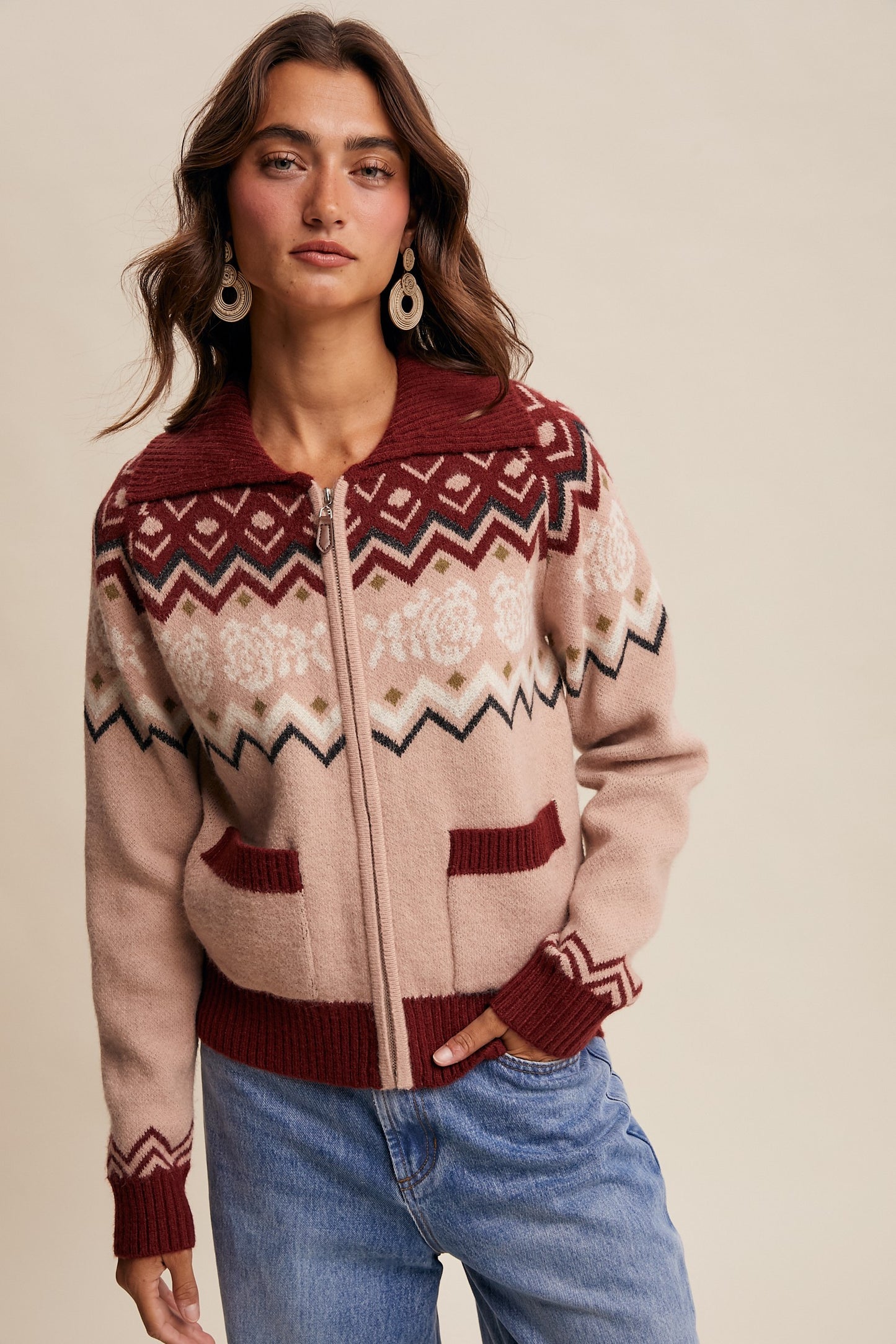 Retro Floral Knit Zip-Up Cardigan