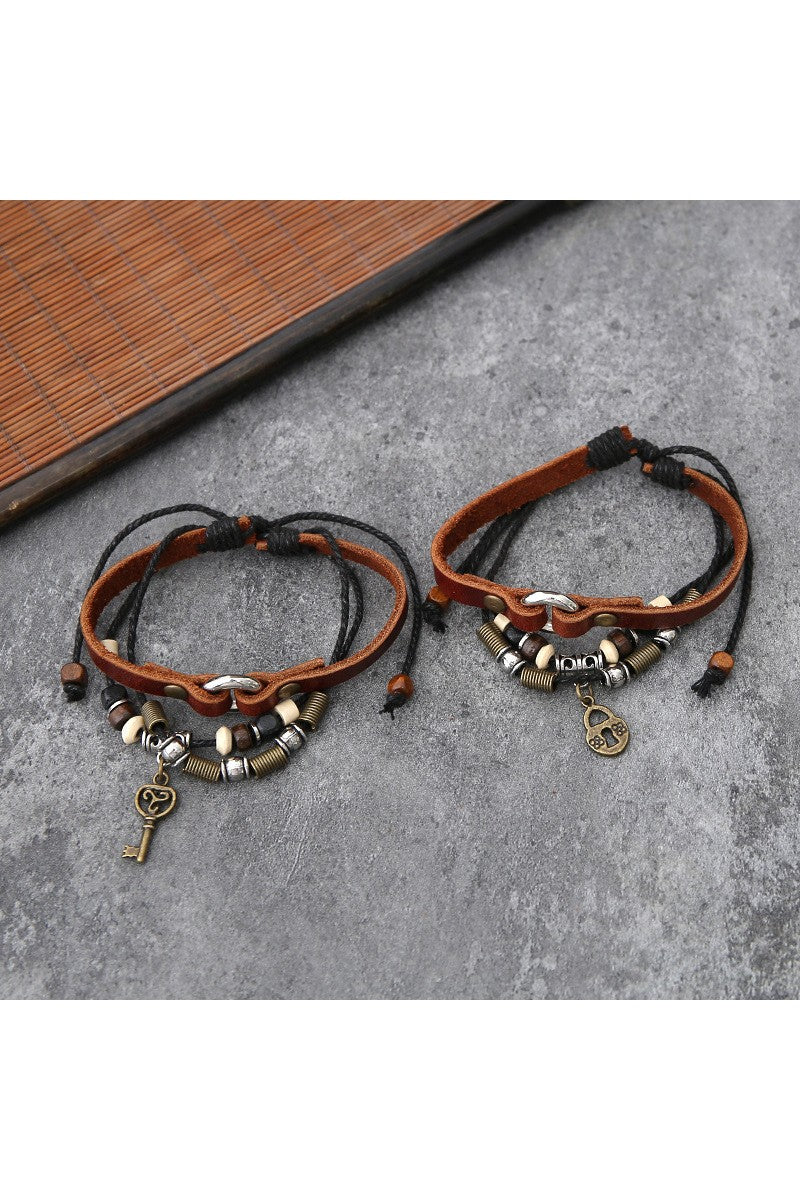 Woven Key & Lock Pu Leather Bracelet