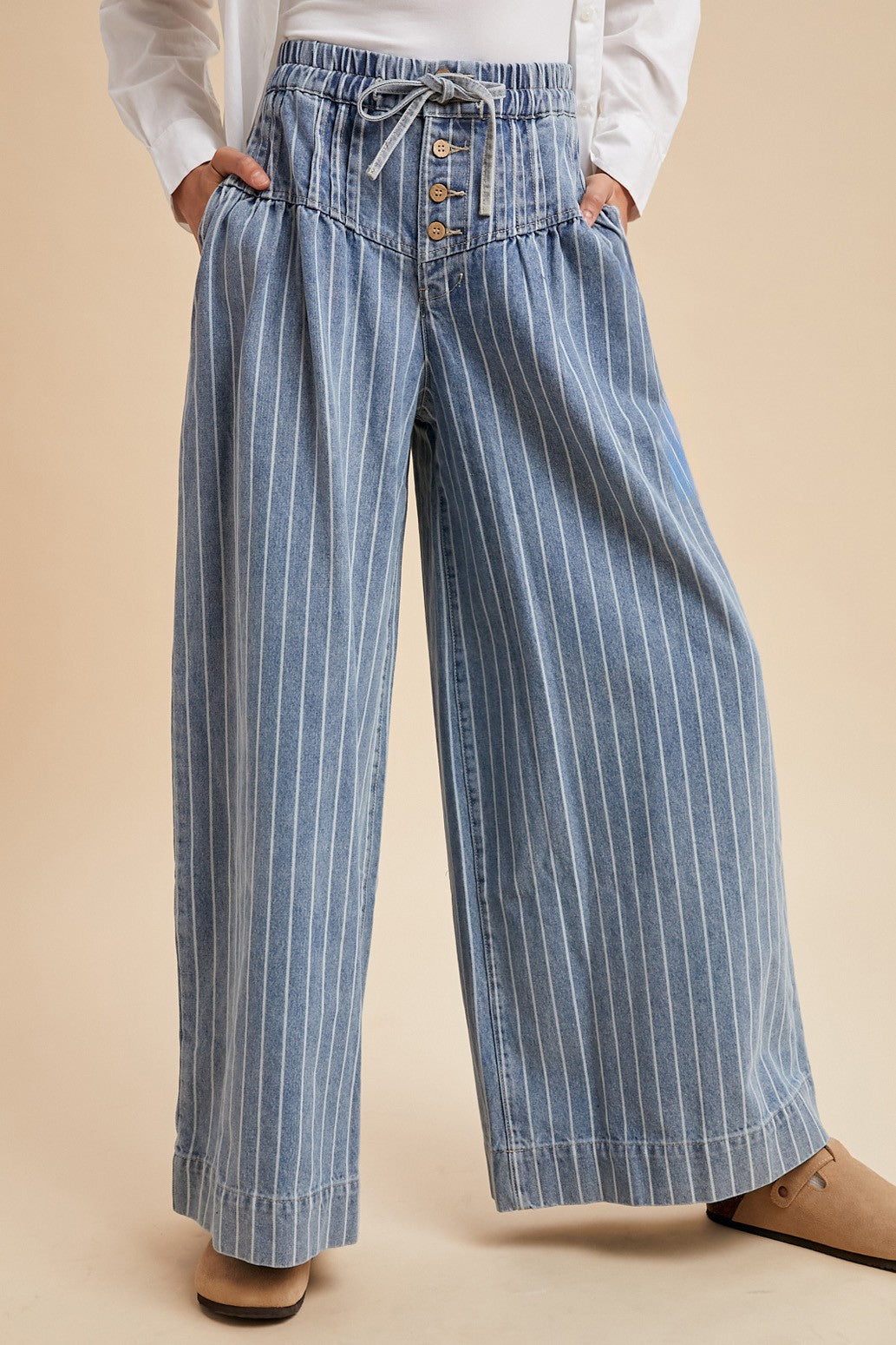 Striped Denim Pintuck Wide-Leg Pants
