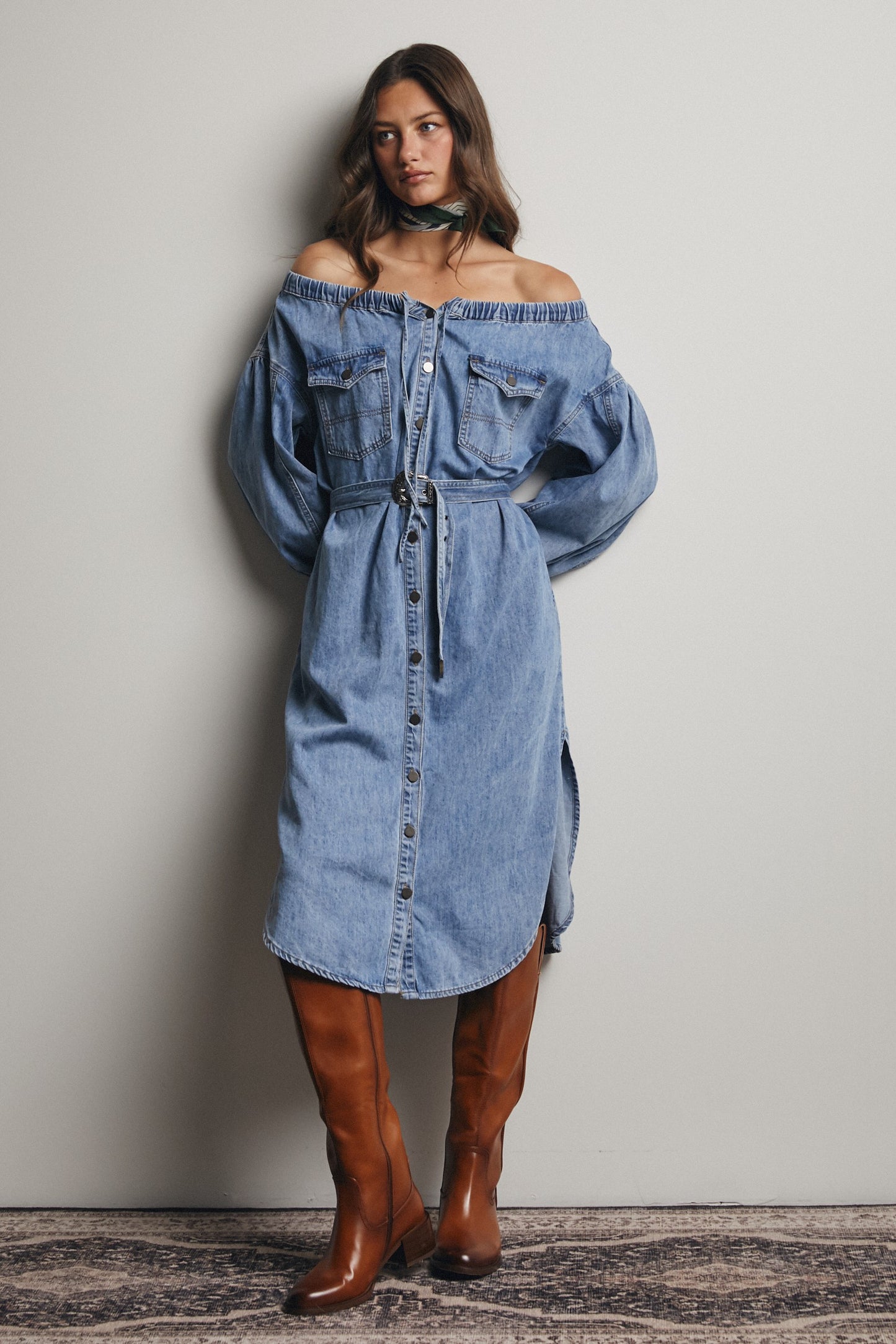 Off Shoulder Belted Denim Shirt Dress