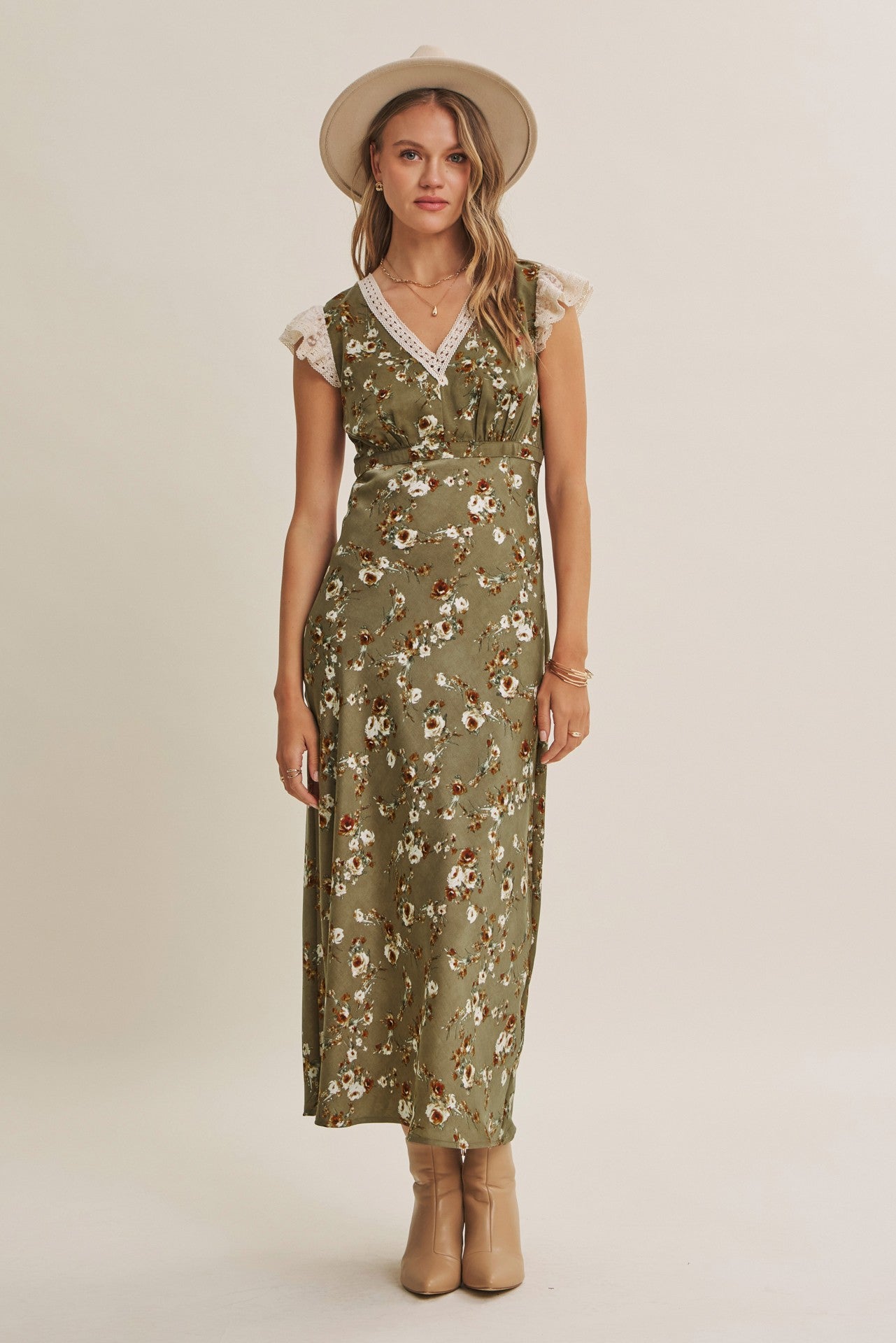 Olive Blossom Scallop Lace Satin Maxi Dress