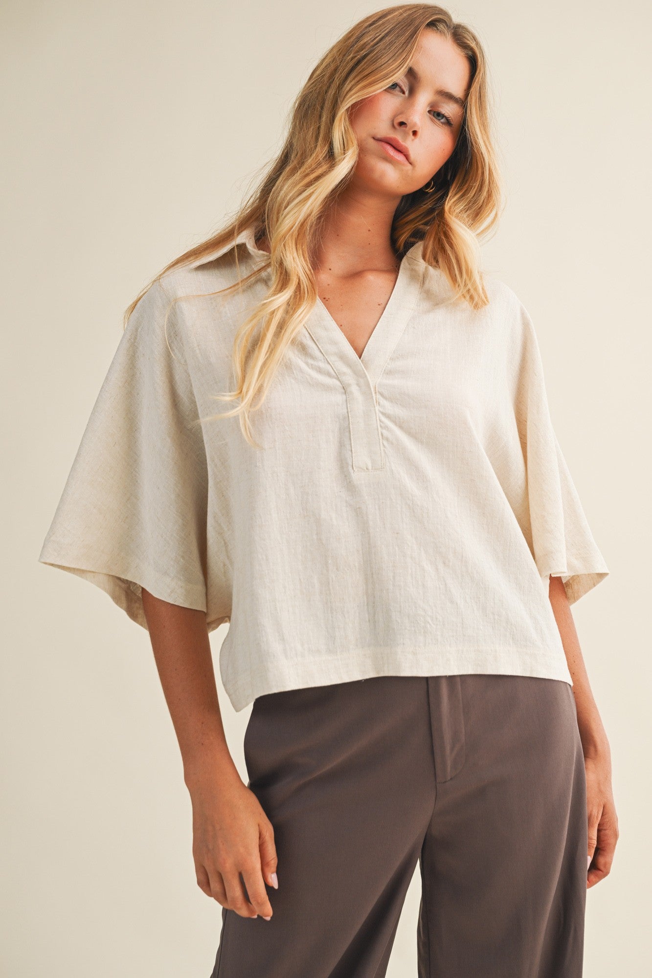 Textured Drape Sleeve Collared Blouse