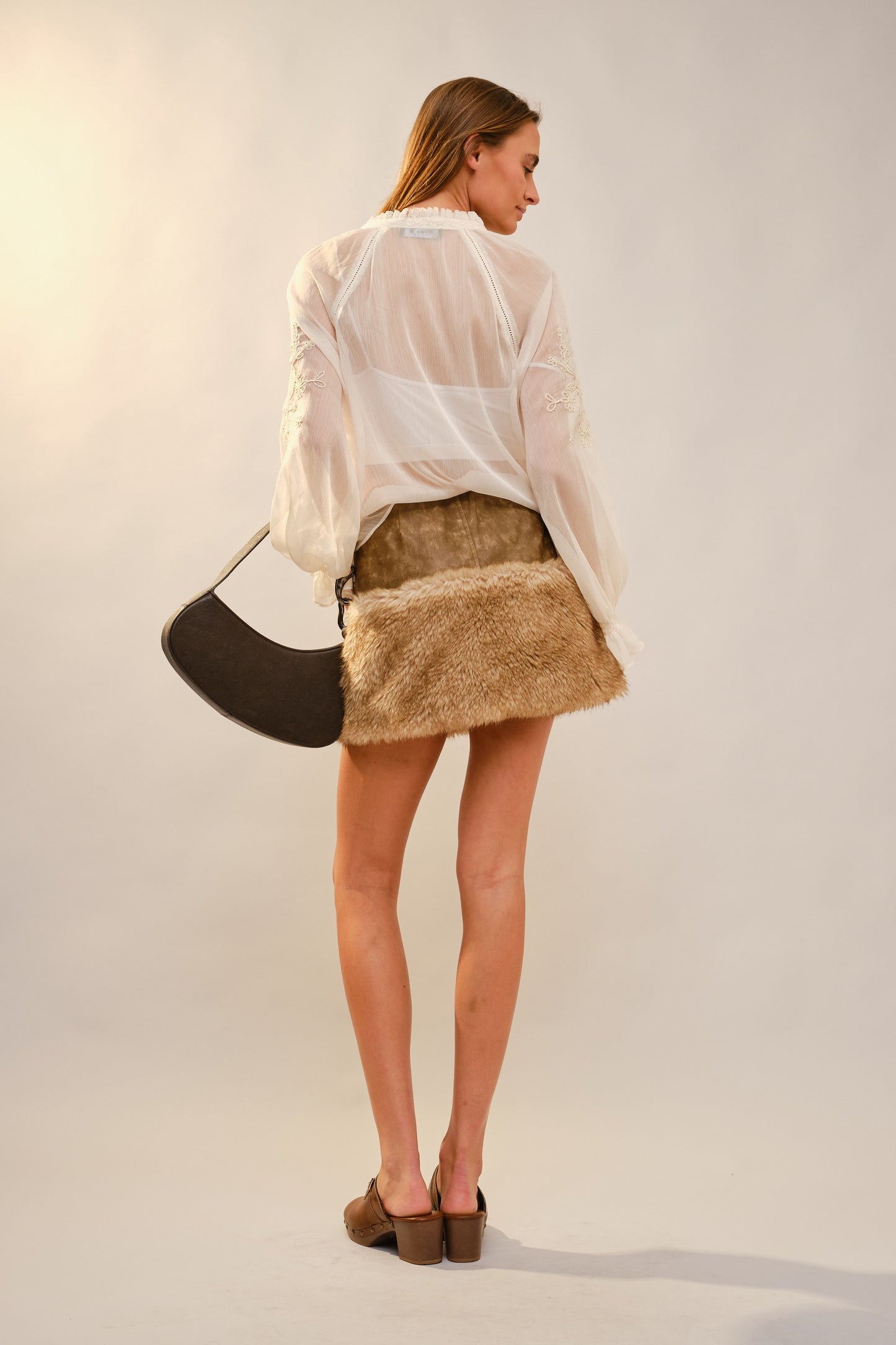 Washed Faux Leather Fur Mini Skirt