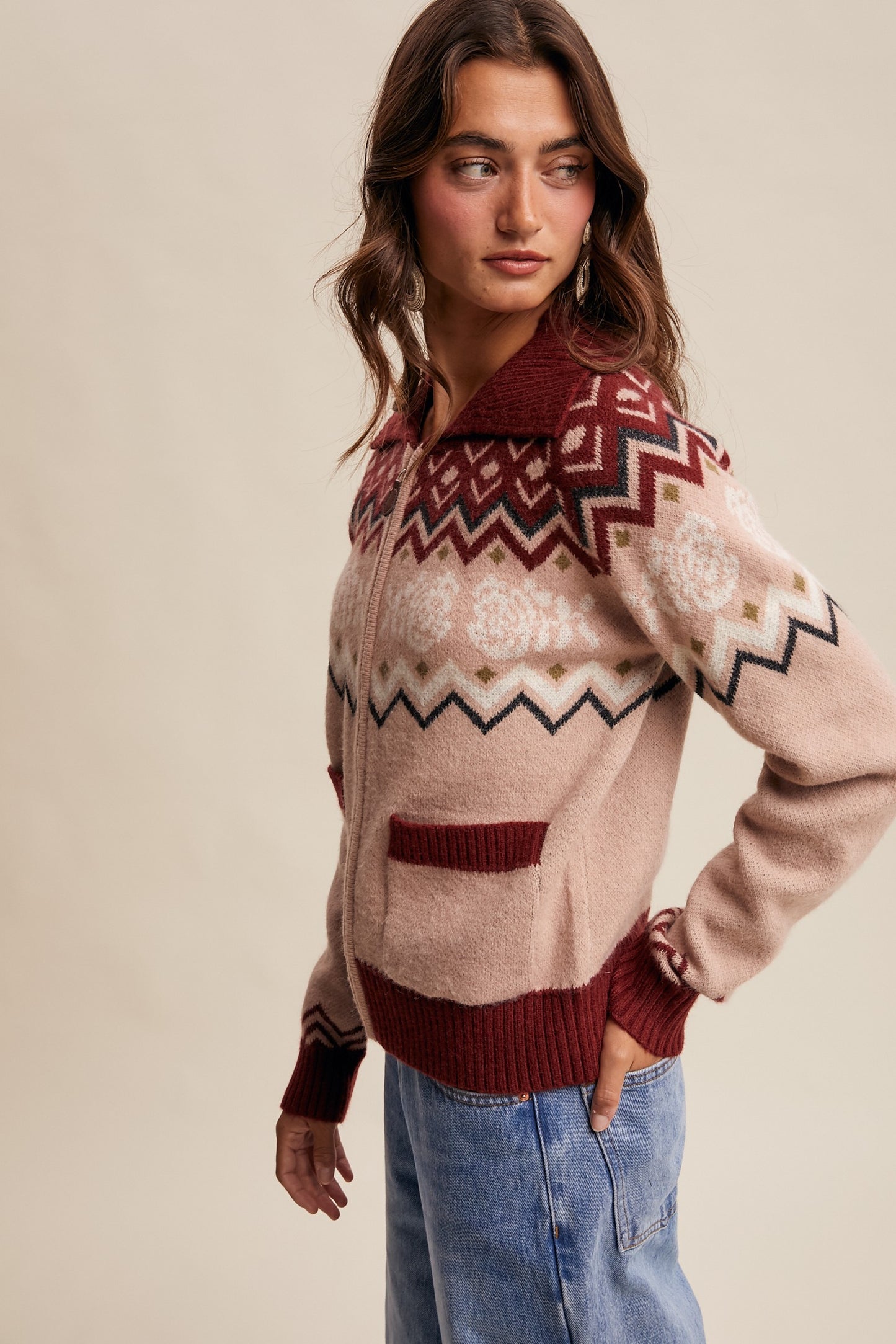 Retro Floral Knit Zip-Up Cardigan