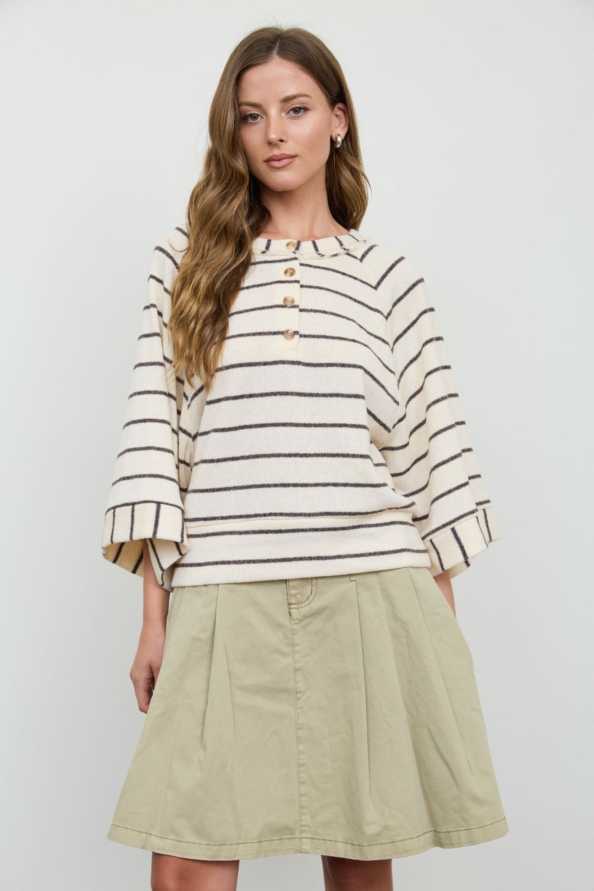 Stripe Henley Wide Sleeve Top