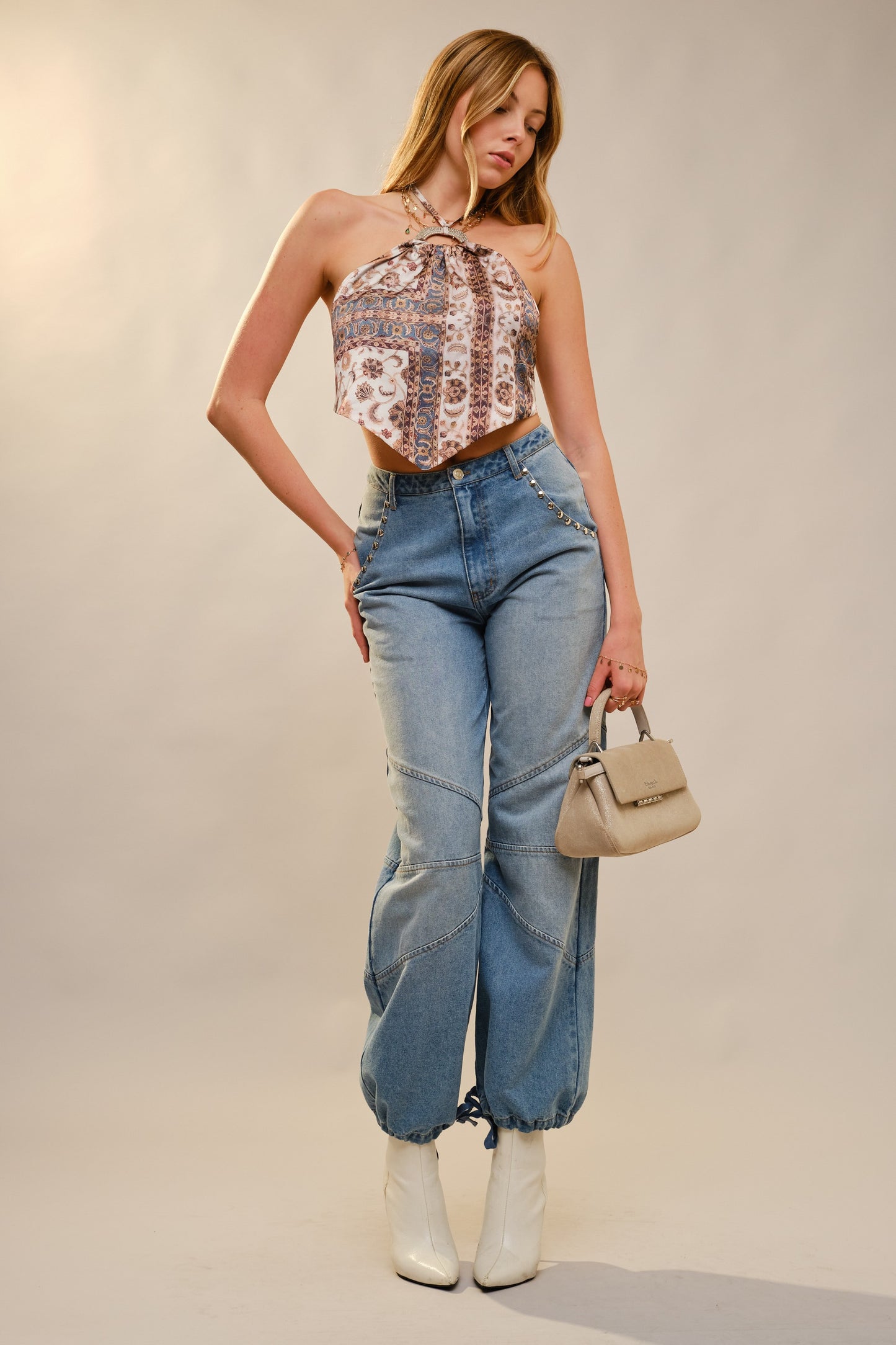 Halter Neck Jewel Trim Scarf Top