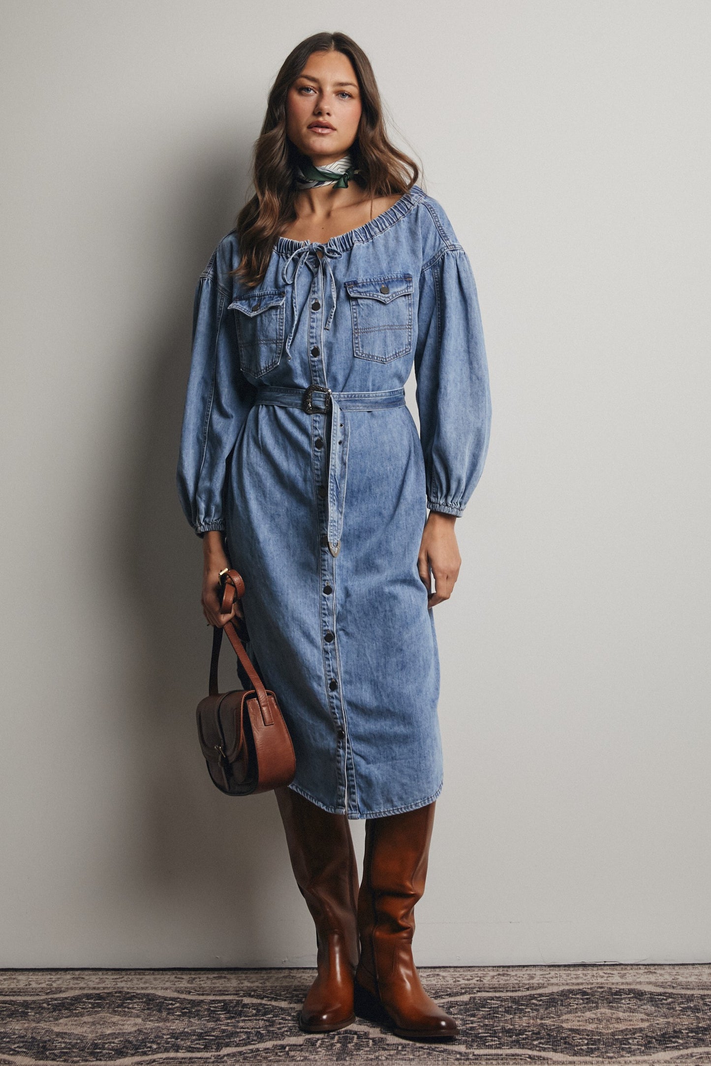 Off Shoulder Belted Denim Shirt Dress