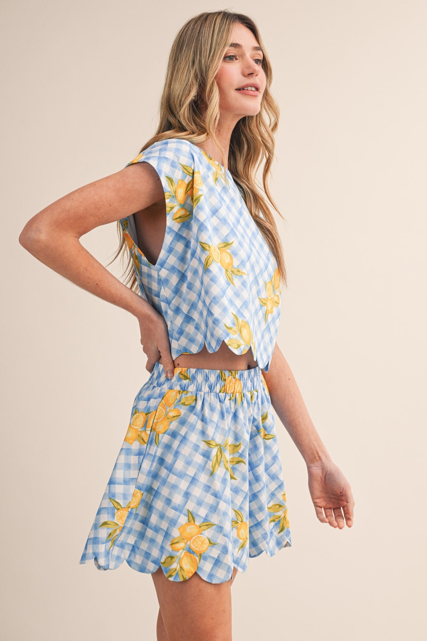 Gingham Lemon Scalloped Top & Mini Skort Set