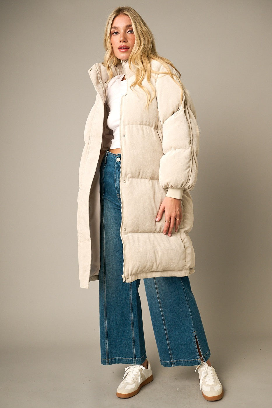 Corduroy Long Zip Up Puffer Jacket