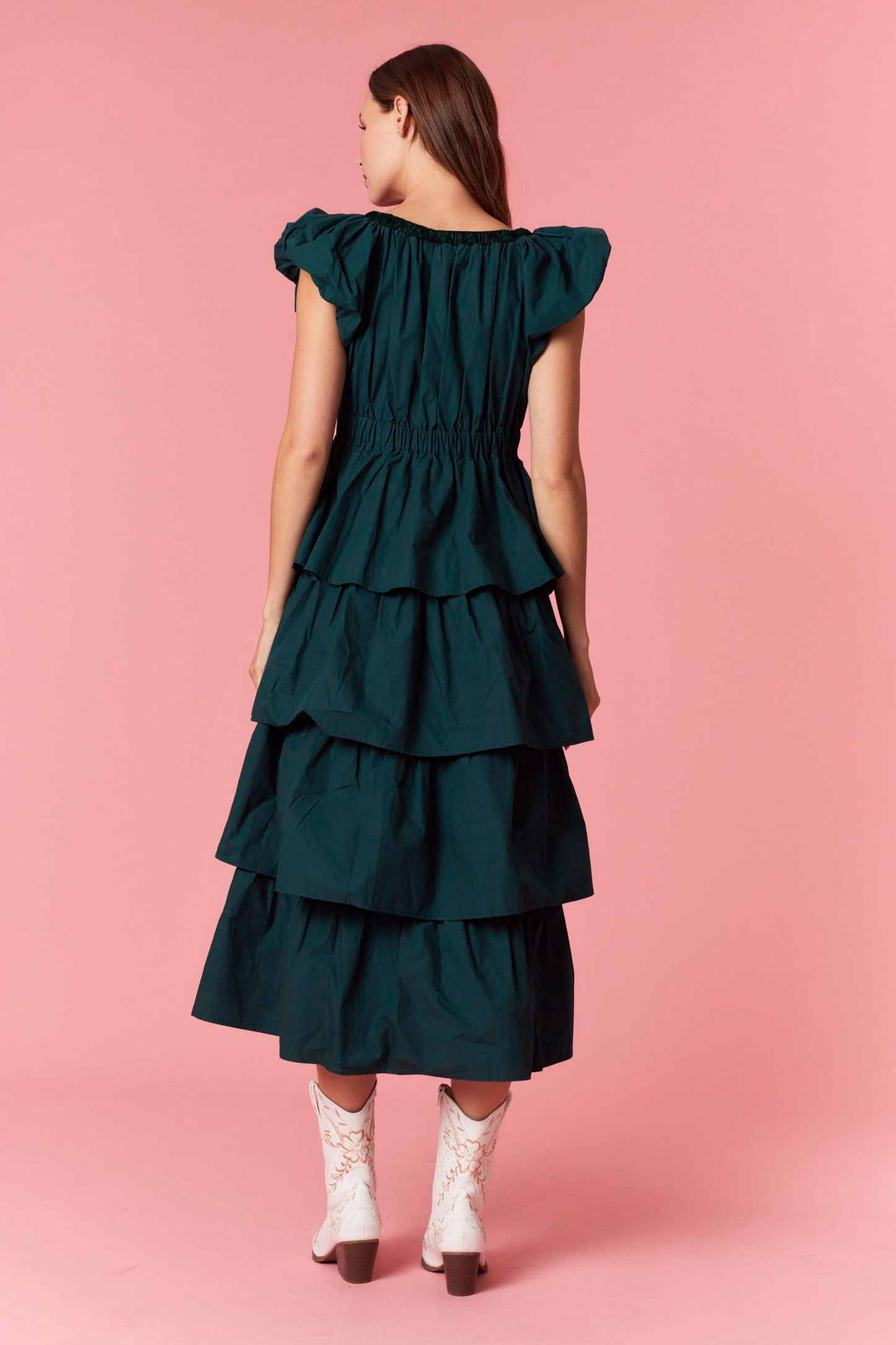 Velvet V Neck/Bow Ruffled Midi Dress