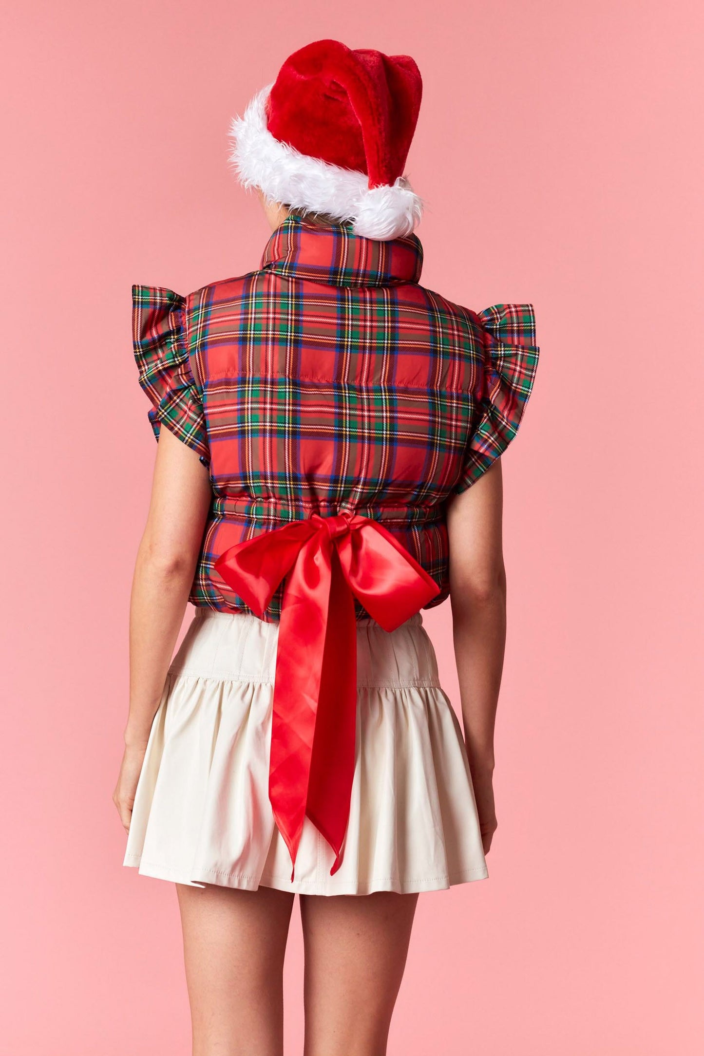 Holiday Plaid Puffer Vest w/Back Satin Bow