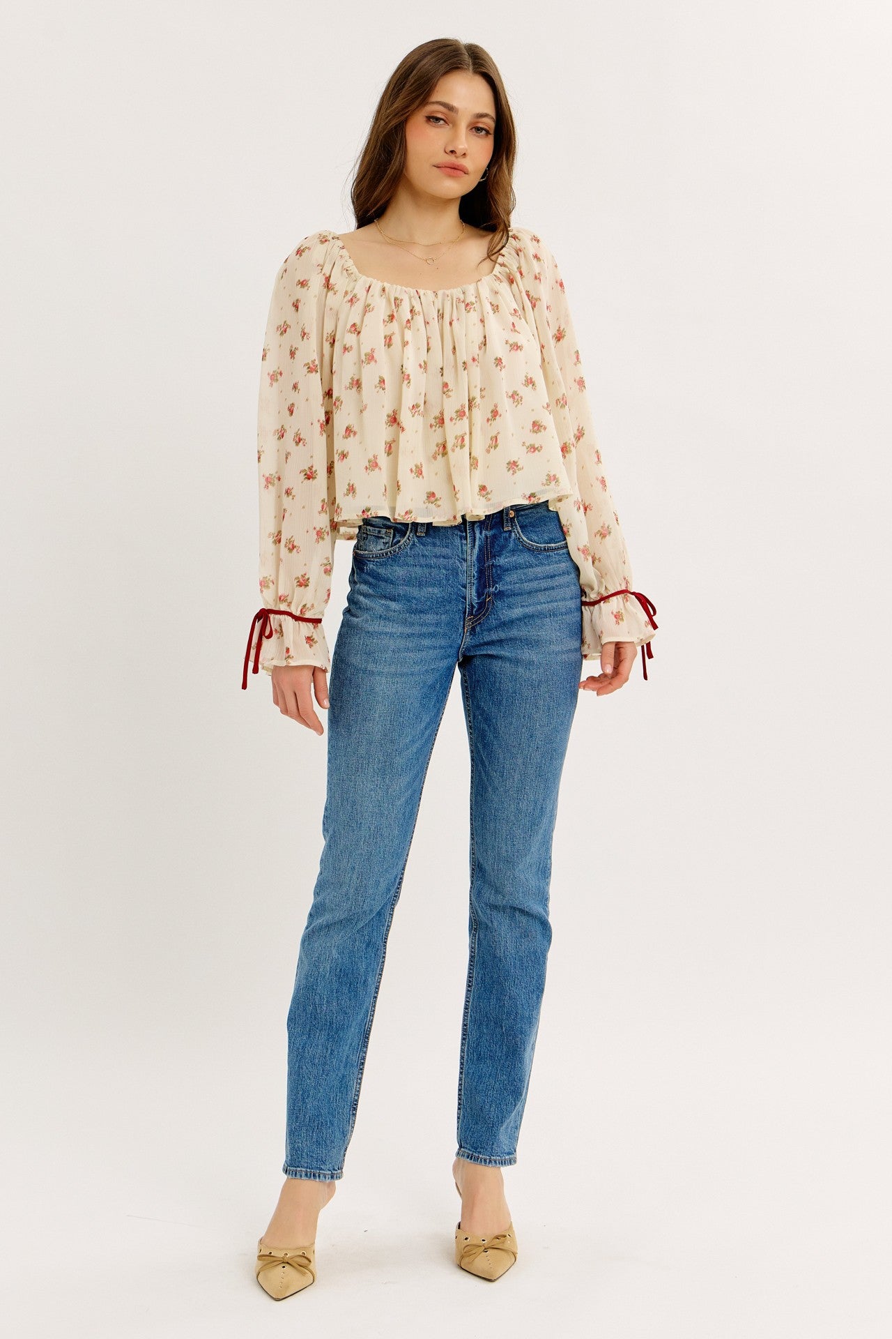 Dreamy Crinkle Chiffon Scattered Floral Blouse