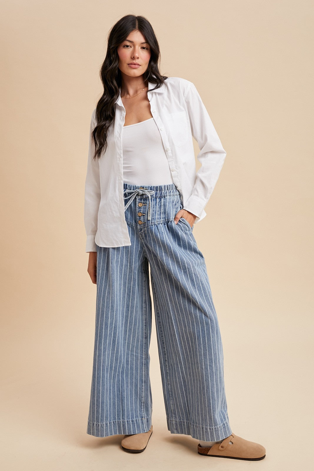 Striped Denim Pintuck Wide-Leg Pants