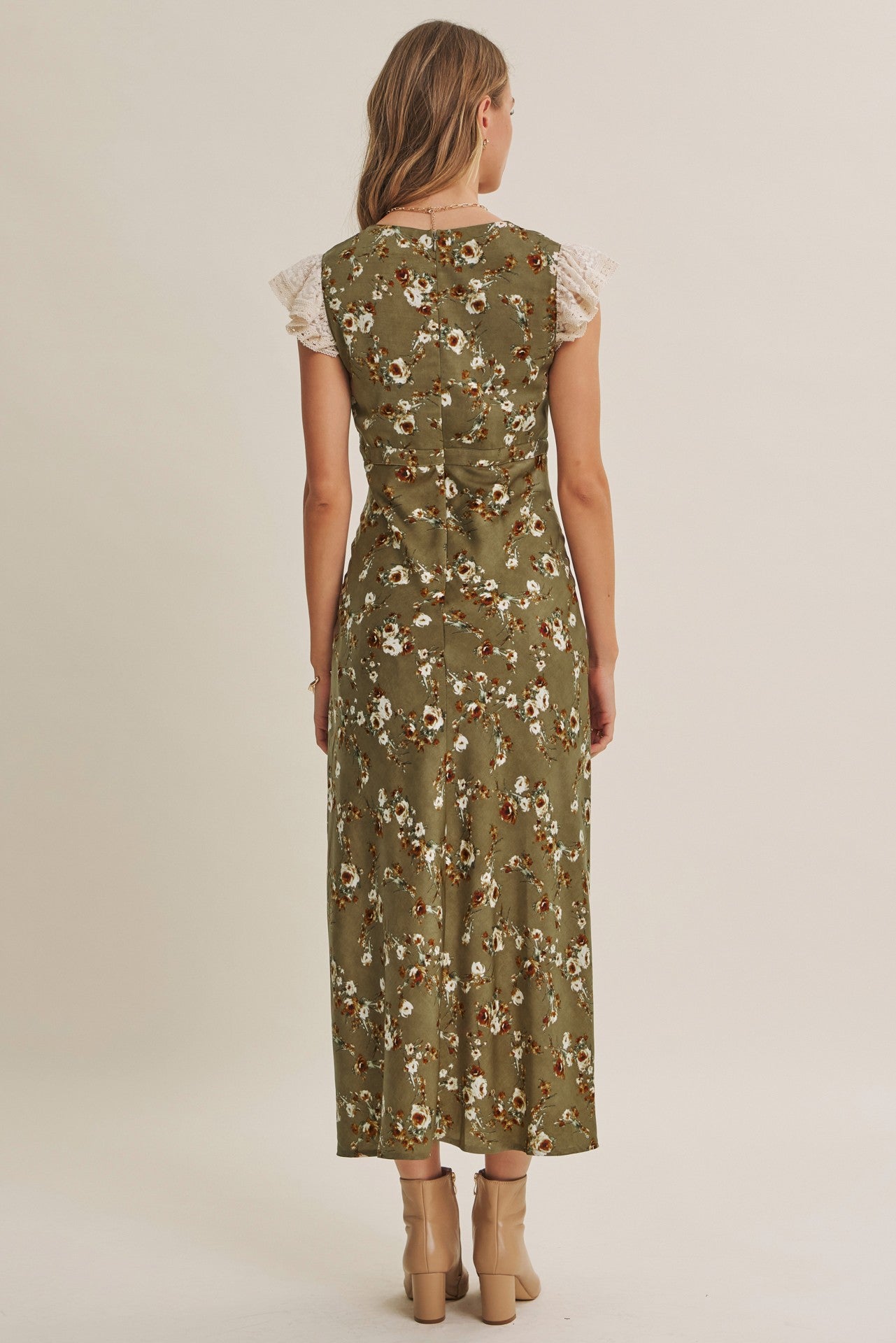 Olive Blossom Scallop Lace Satin Maxi Dress