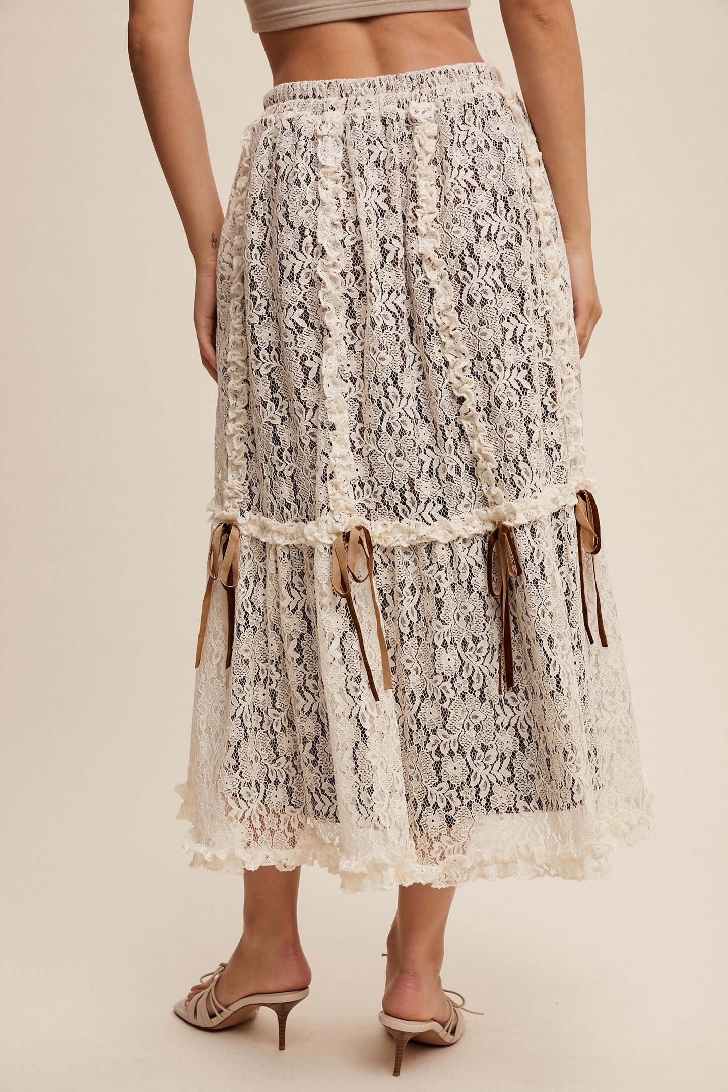 Lace Midi Skirt w/Ribbon Details