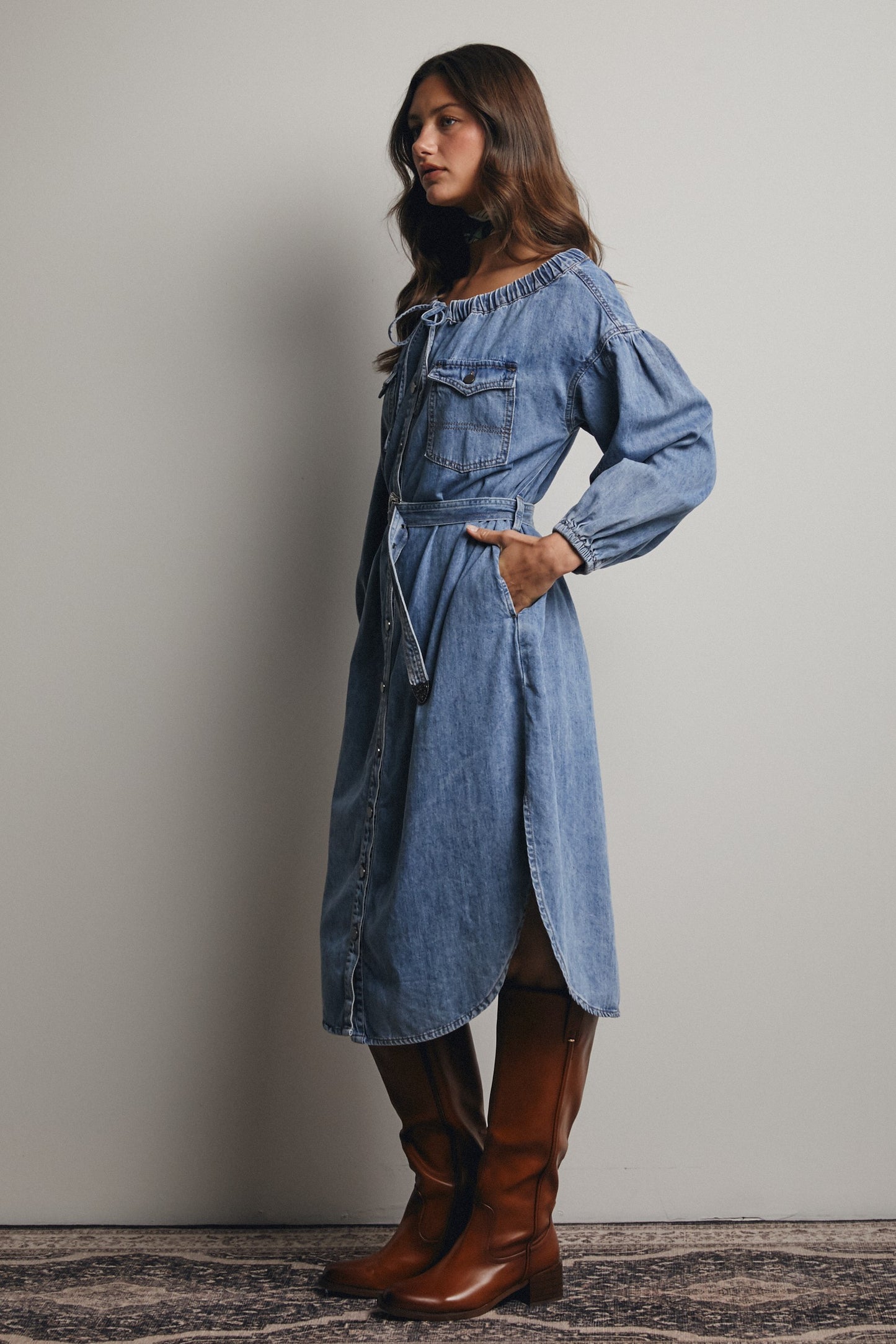 Off Shoulder Belted Denim Shirt Dress