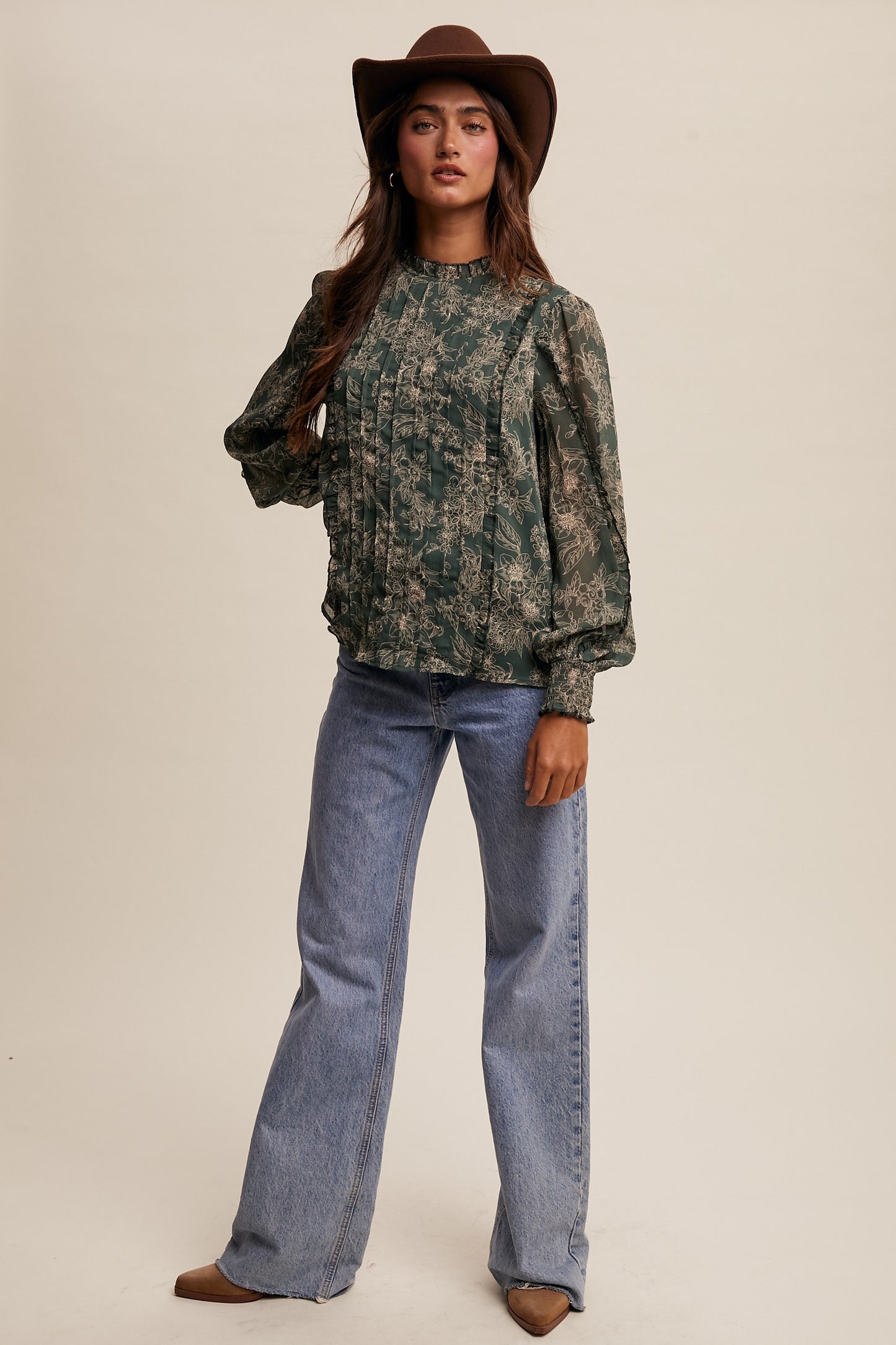 Floral Print Pleated Blouse