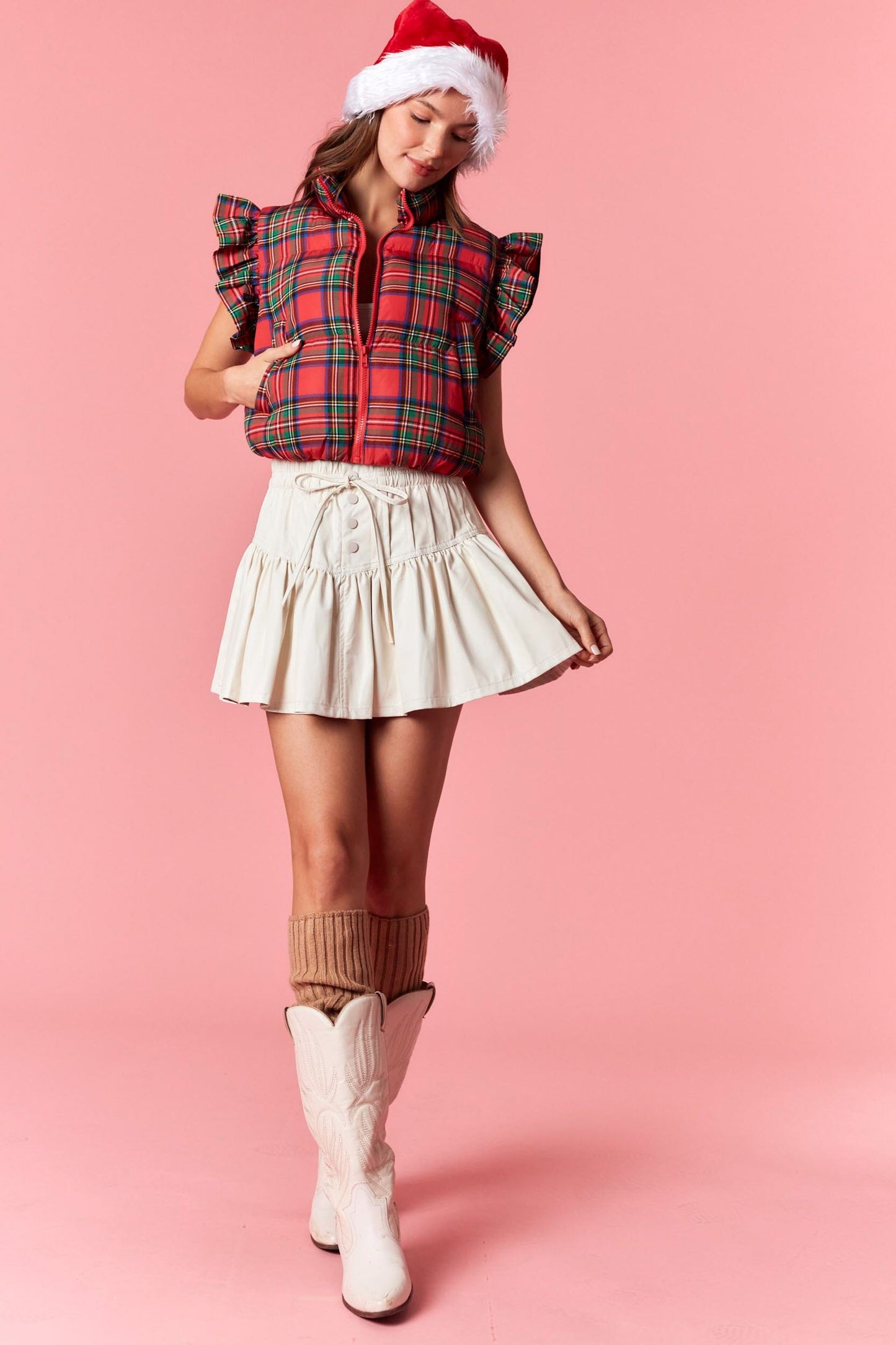 Holiday Plaid Puffer Vest w/Back Satin Bow
