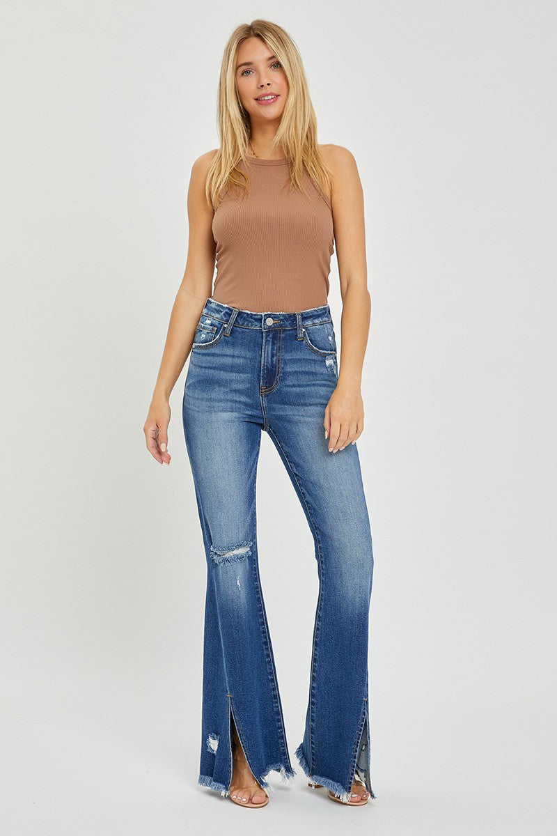 Front Slit Frayed Flare Jeans