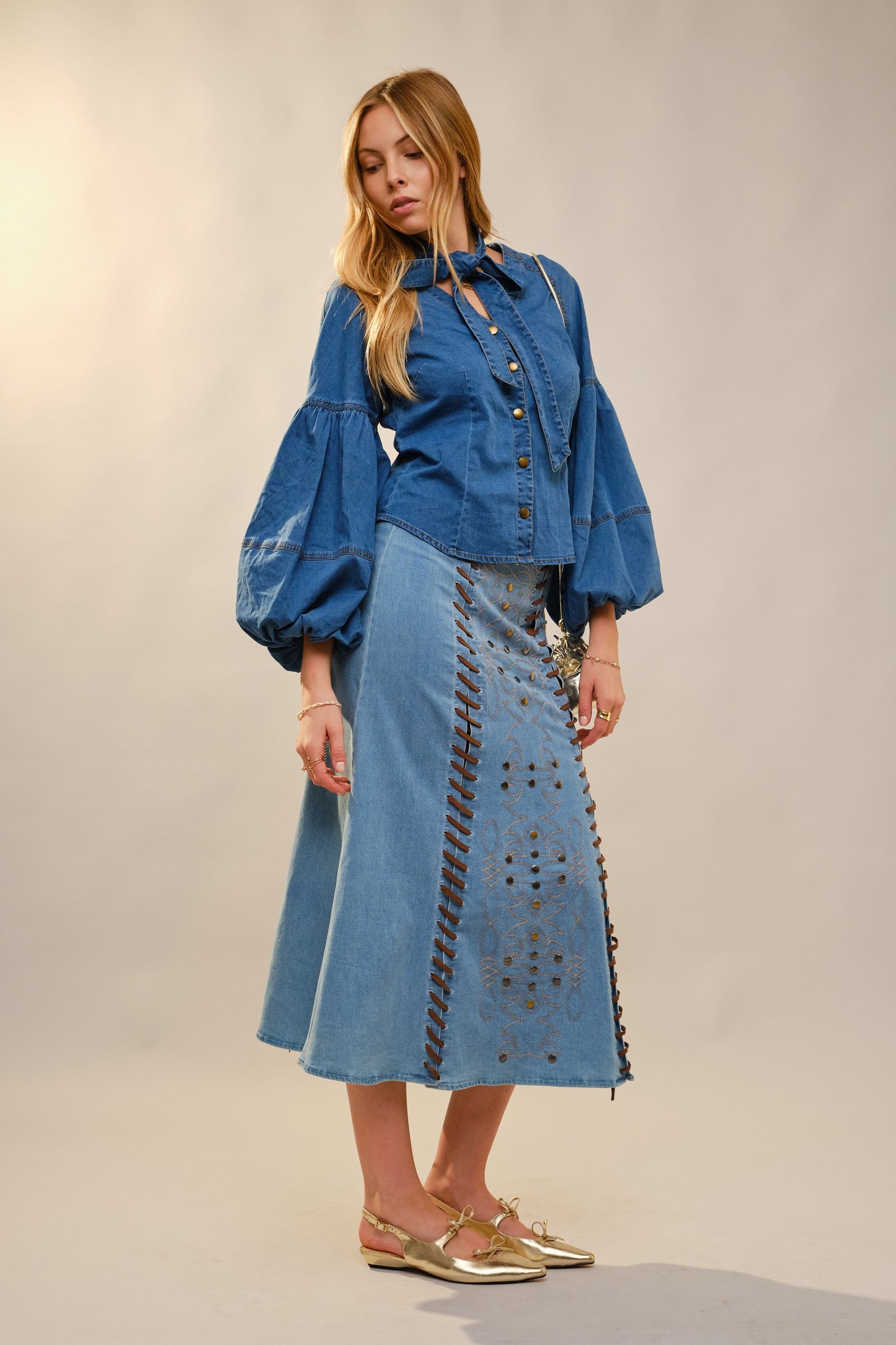 Bow Neck Tie Puff Sleeve Denim Top