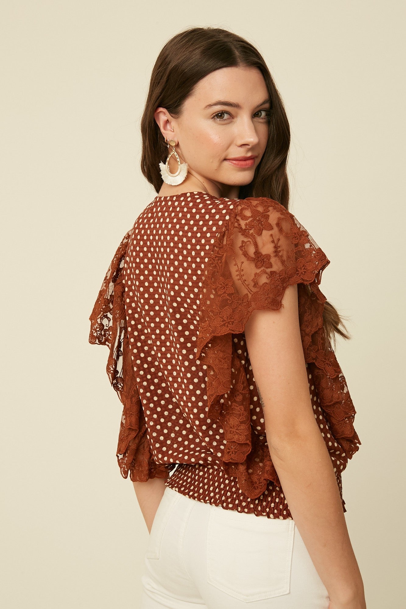 Noelle Polka Dot Lace Ruffle Top
