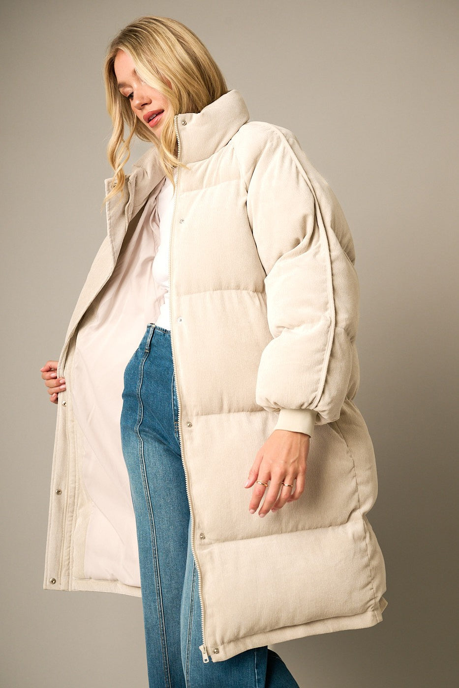 Corduroy Long Zip Up Puffer Jacket