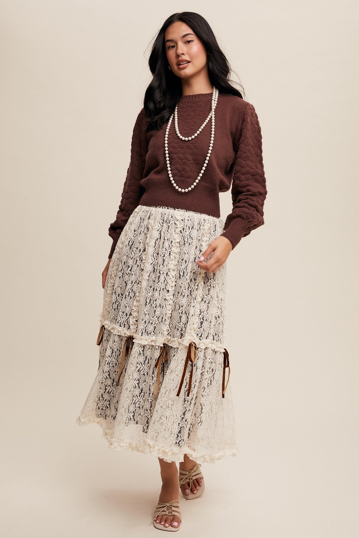 Lace Midi Skirt w/Ribbon Details