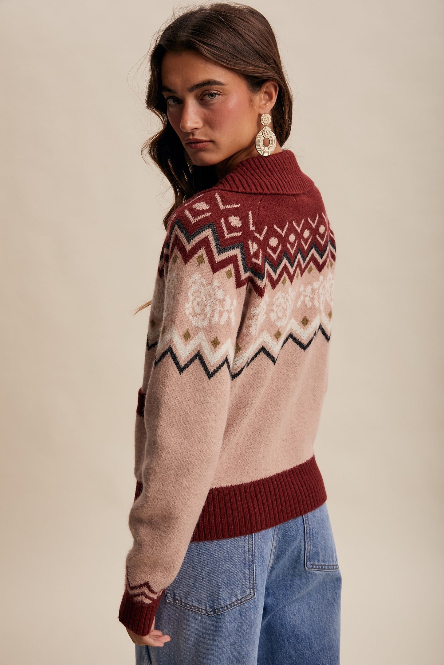 Retro Floral Knit Zip-Up Cardigan