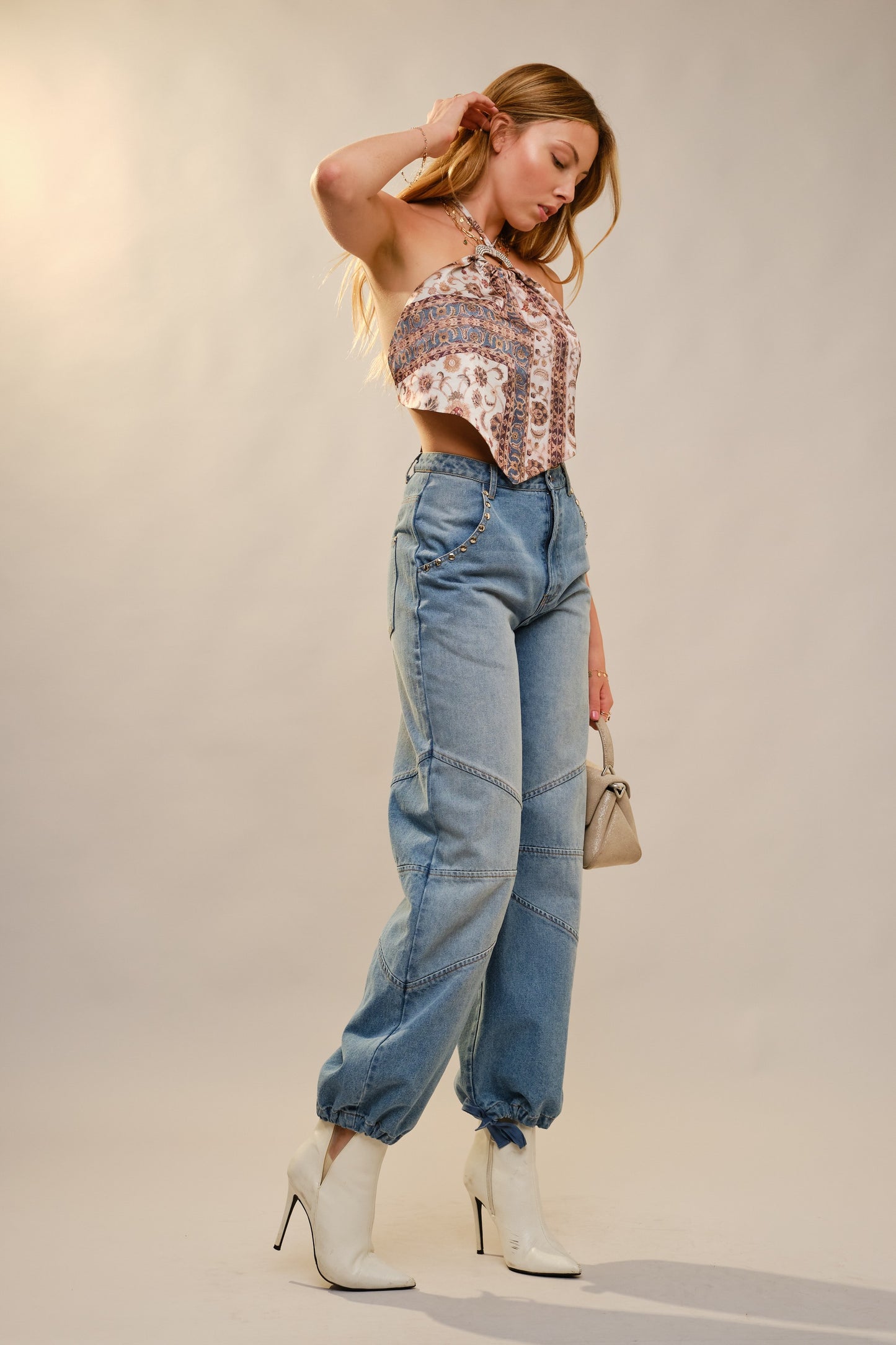 Halter Neck Jewel Trim Scarf Top