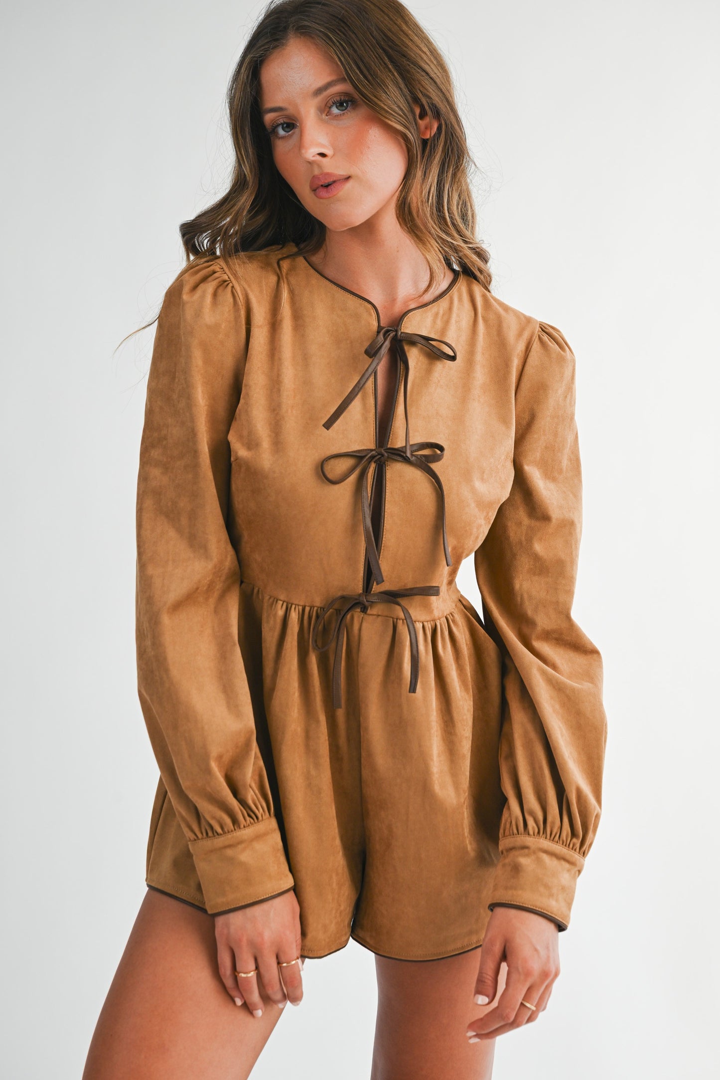 Suede Feel Front Tie Romper
