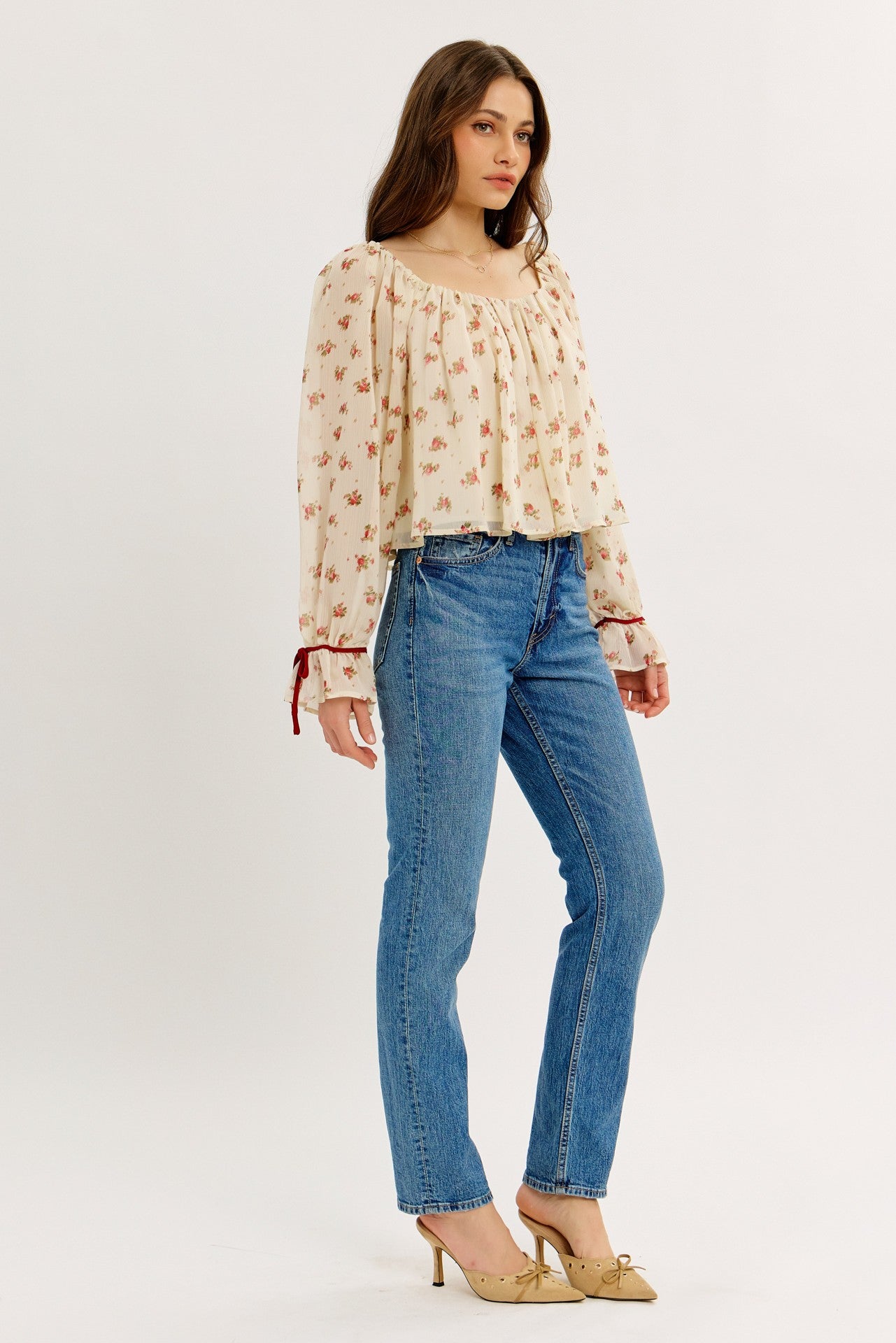 Dreamy Crinkle Chiffon Scattered Floral Blouse
