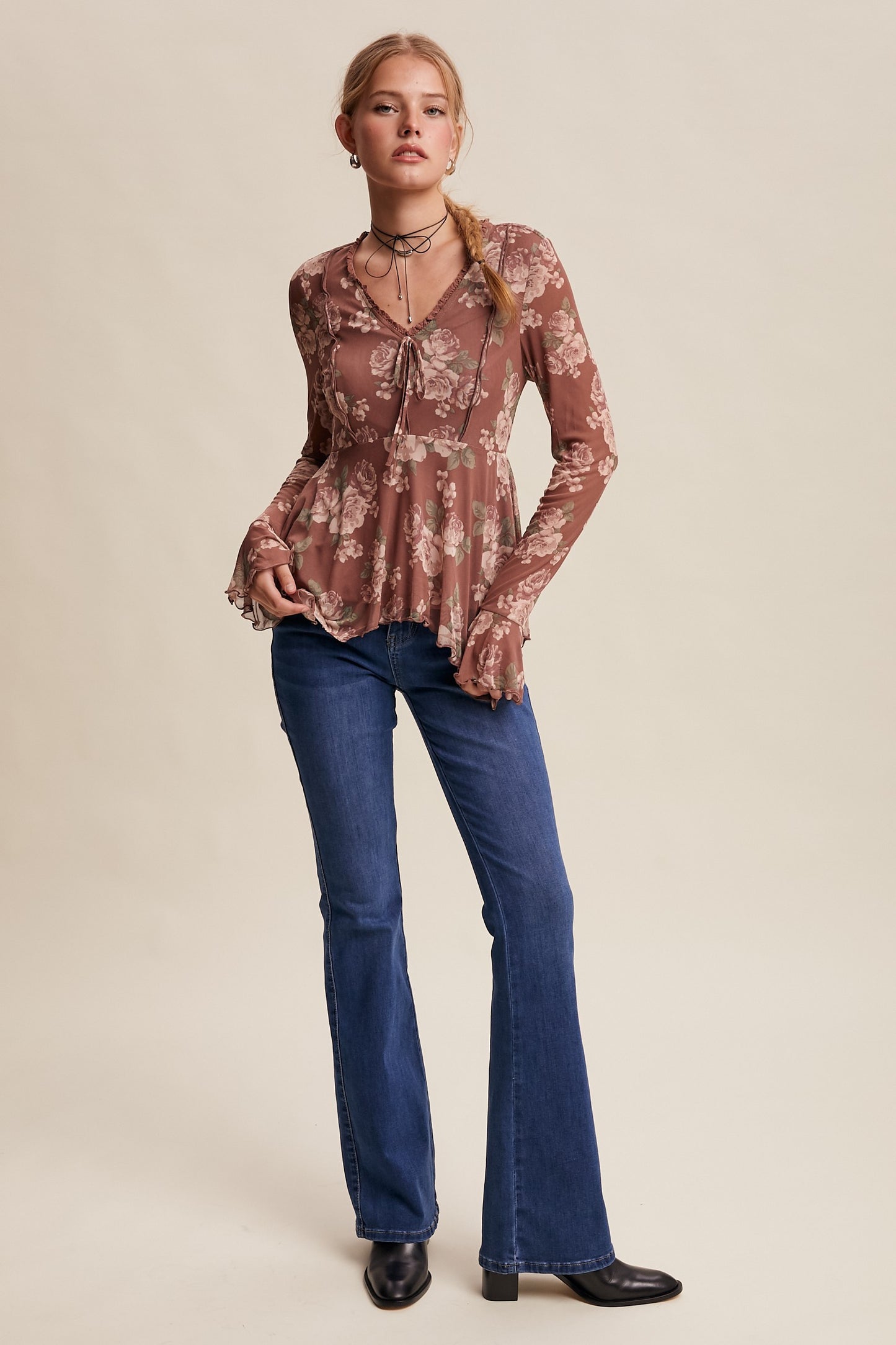 Floral Mesh Handkerchief Blouse