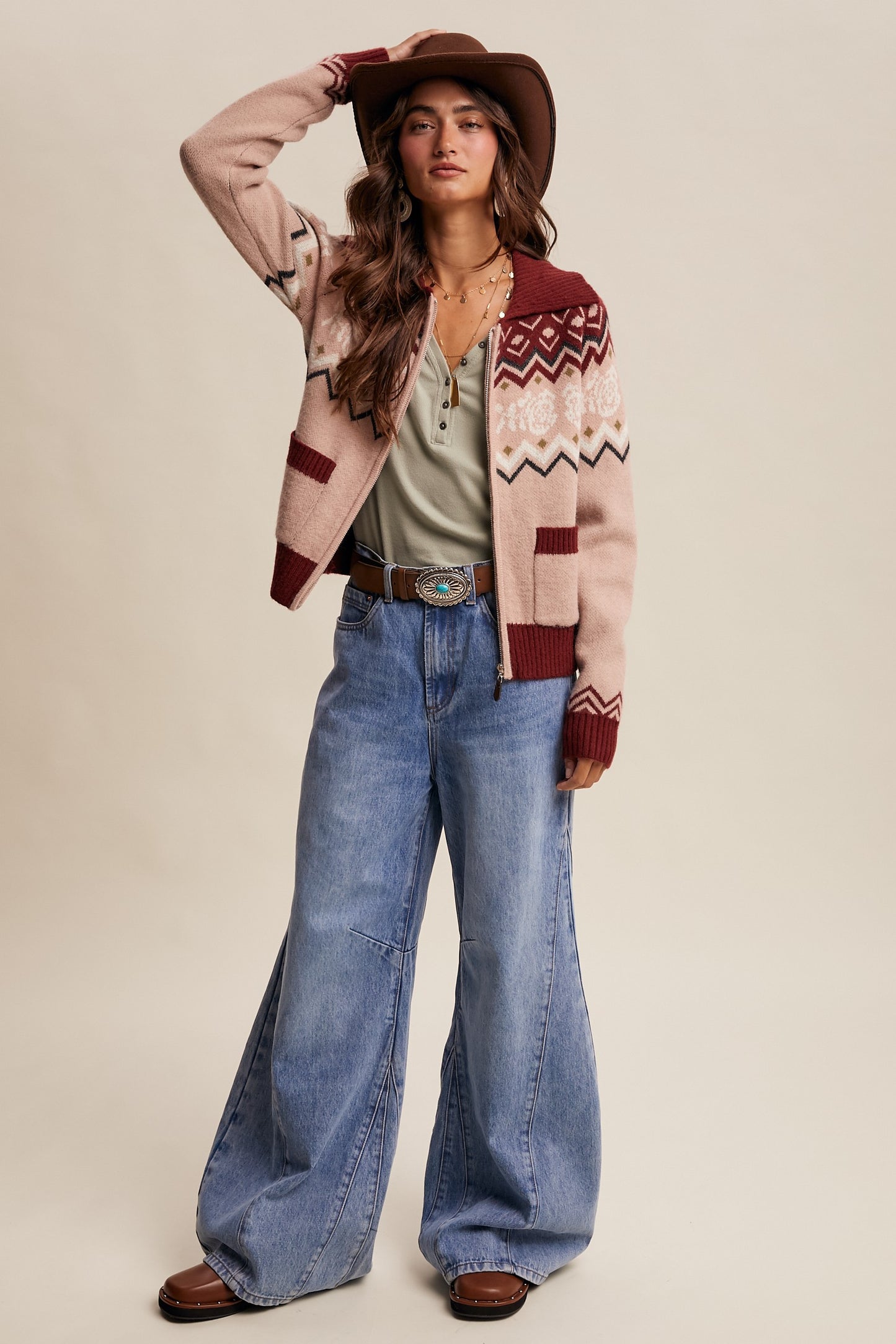 Retro Floral Knit Zip-Up Cardigan