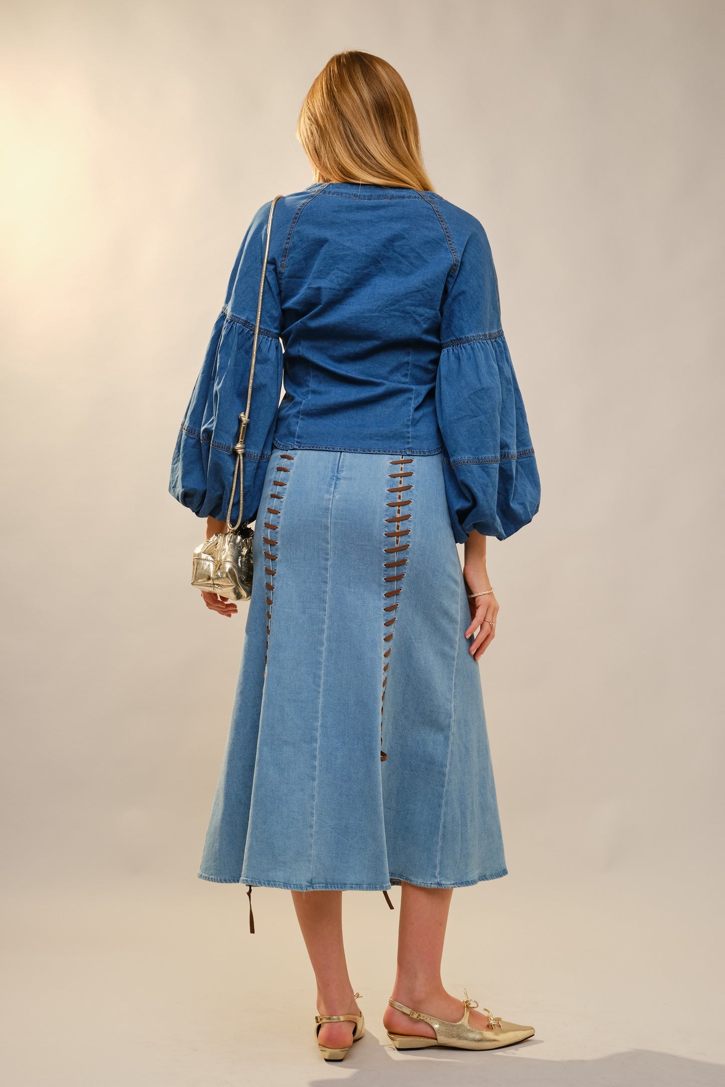 Bow Neck Tie Puff Sleeve Denim Top