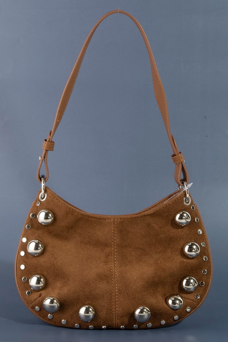 Ball Studded Suede Hobo Shoulder Bag
