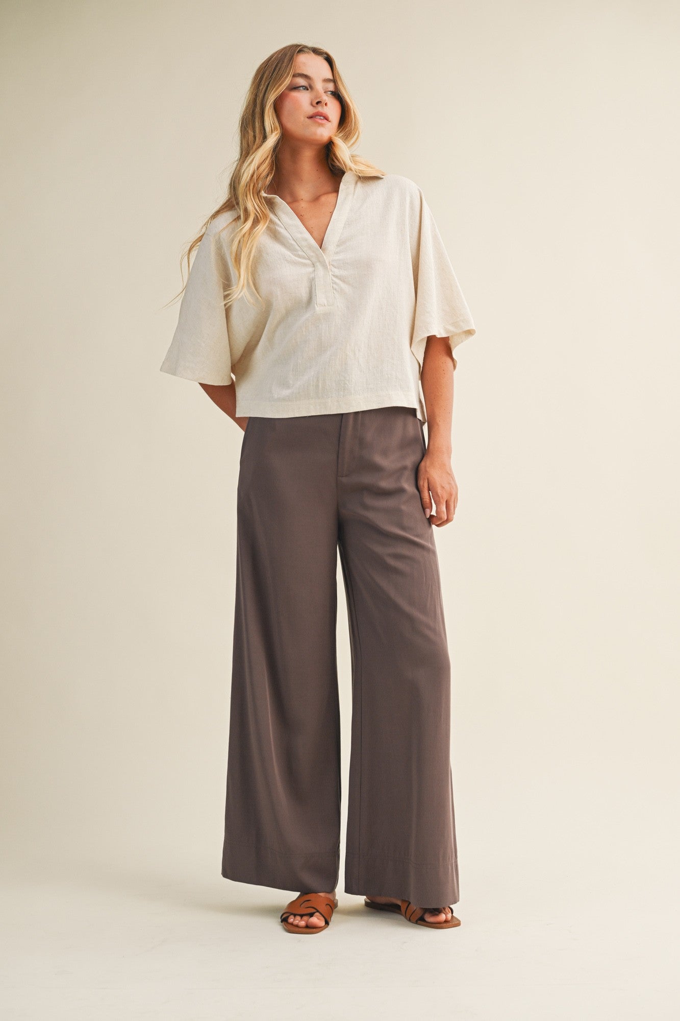 Textured Drape Sleeve Collared Blouse