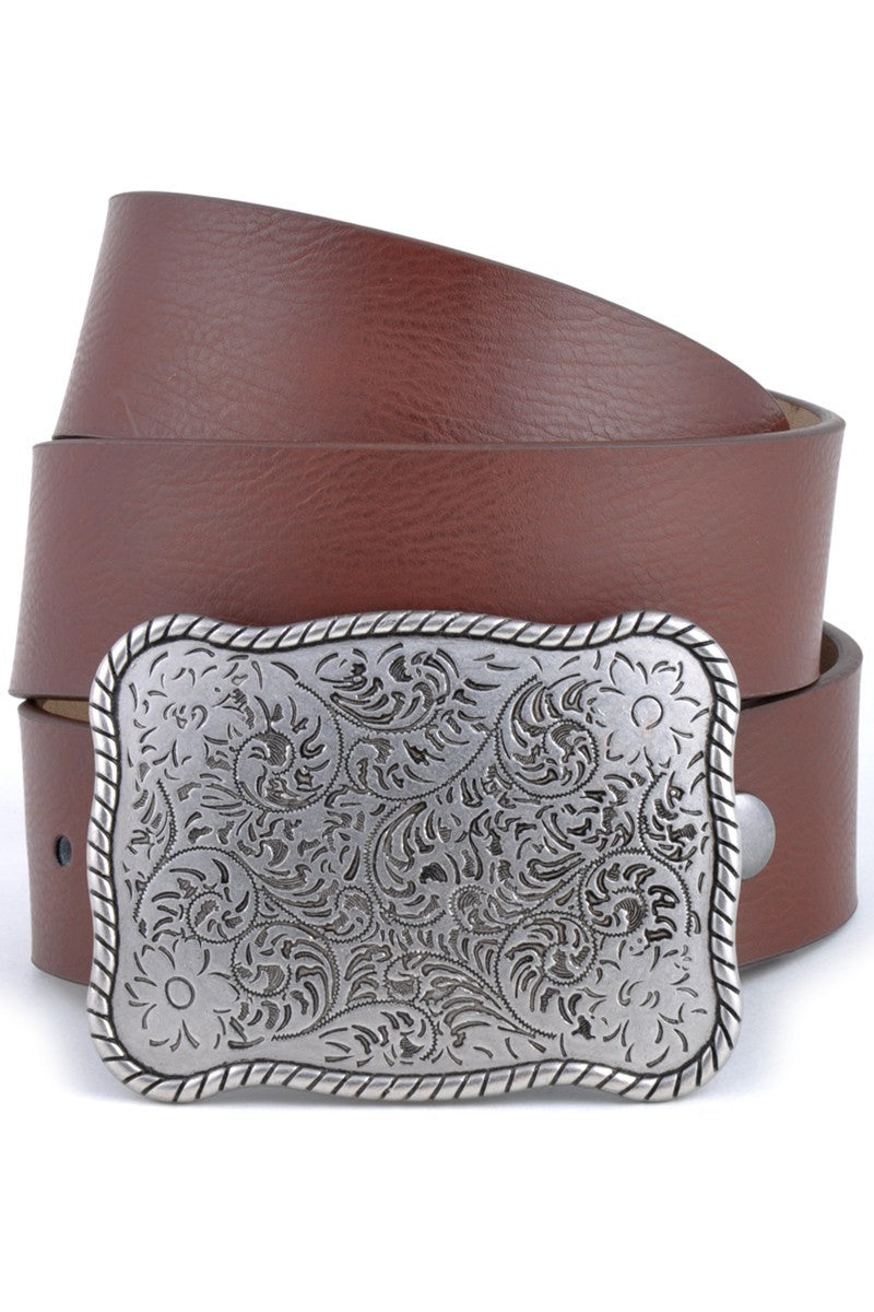 Western Etched Floral Plaque Buckle Belt