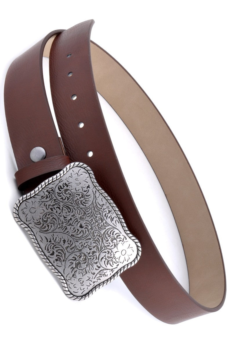 Western Etched Floral Plaque Buckle Belt