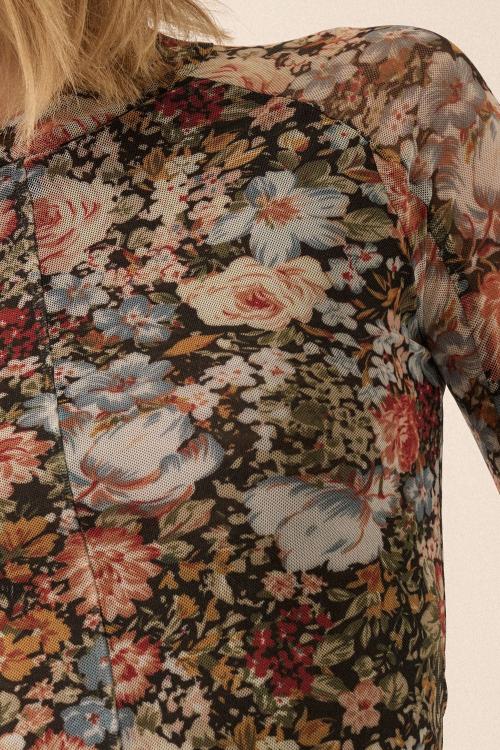 Semi Sheer Floral Mesh Long Sleeve Top