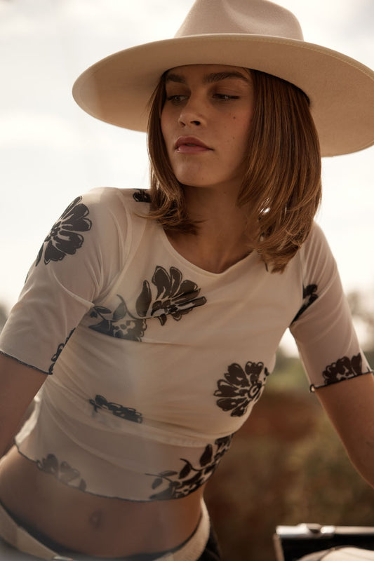 Desert Floral Mesh Ruched Cropped Top