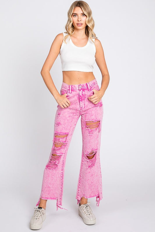 Rigid Acid Pink High Rise Crop Flare Jeans