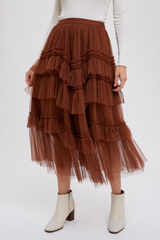 Tiered Ruffled Tulle Midi Skirt