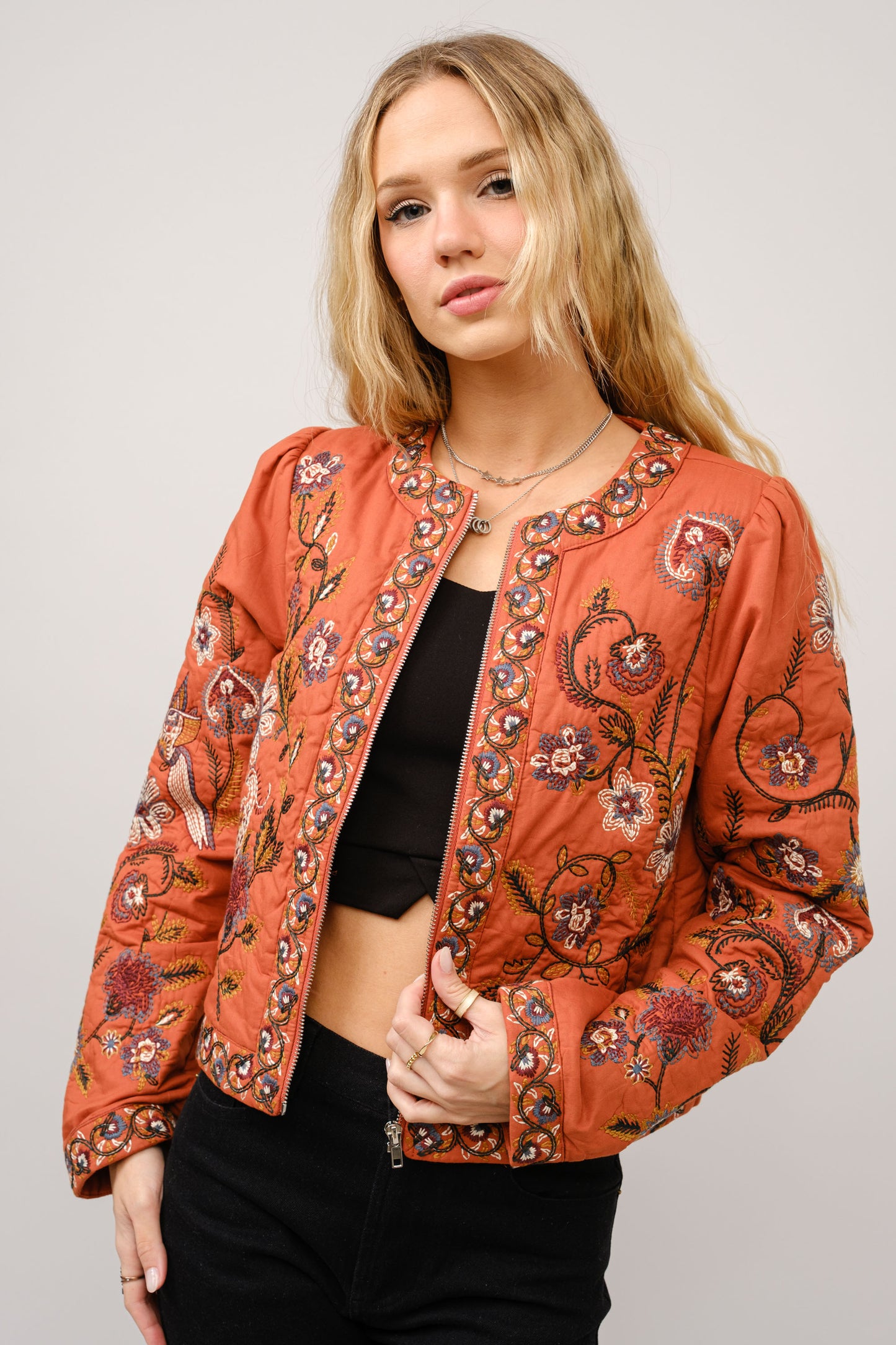Embroidered Zip Up Jacket
